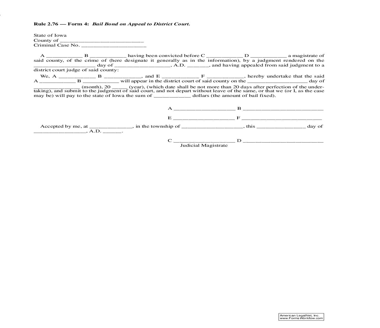 Bail Bond On Appeal To District Court {Rule 2.76 Form 4} | Pdf Fpdf Doc Docx | Iowa