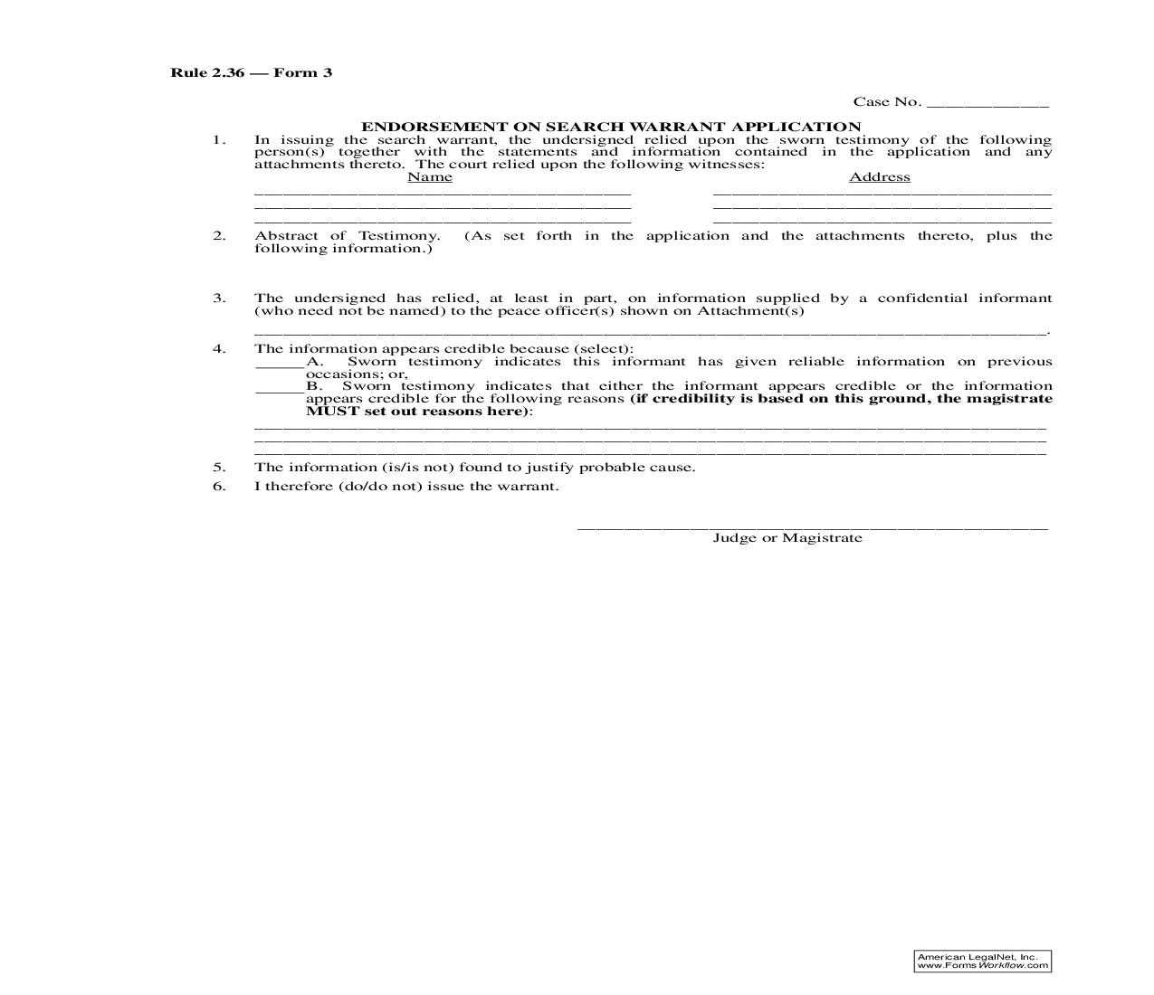 Endorsement On Search Warrant Application {Rule 2.36 Form 3} | Pdf Fpdf Doc Docx | Iowa