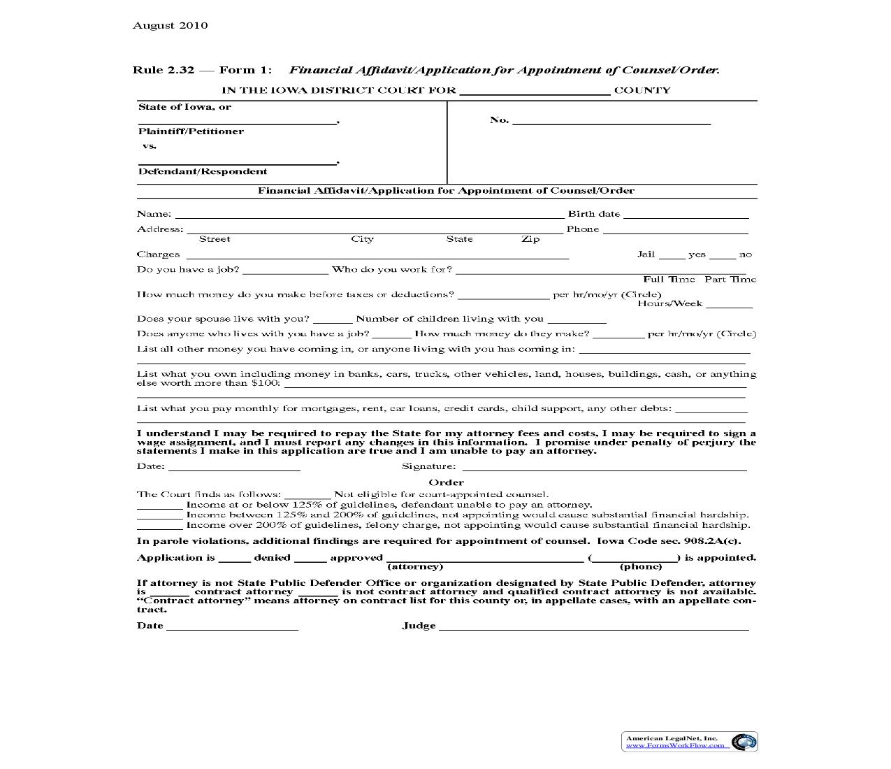 Financial Affidavit Application For Appointment Of Counsel {Rule 2.32 Form 1} | Pdf Fpdf Doc Docx | Iowa