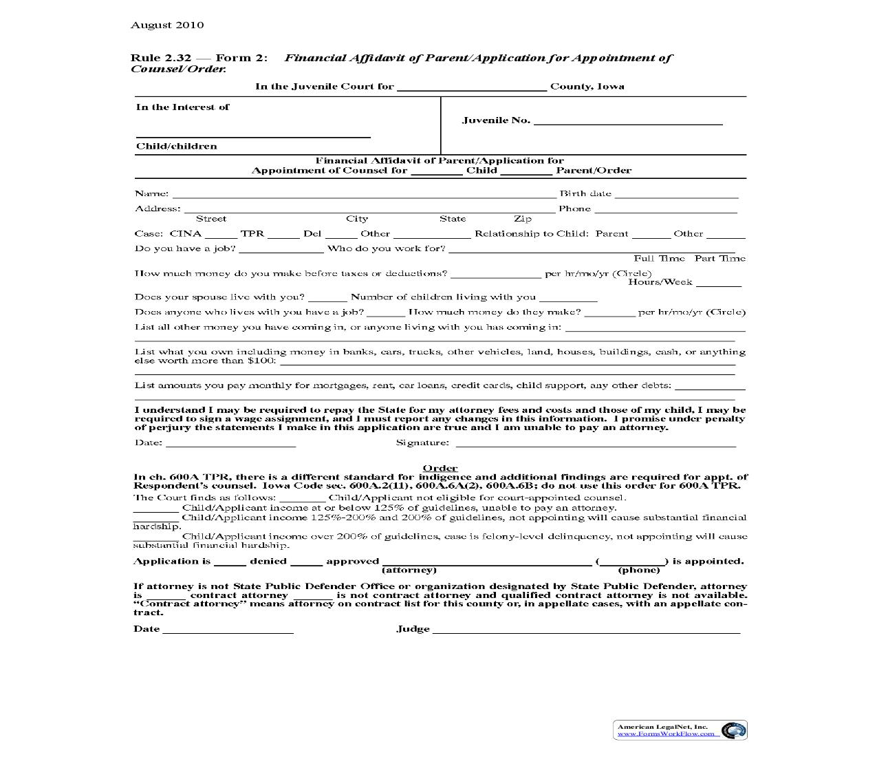 Financial Affidavit Of Parent And Application For Appointment Of Counsel {Rule 2.32 Form 2} | Pdf Fpdf Doc Docx | Iowa