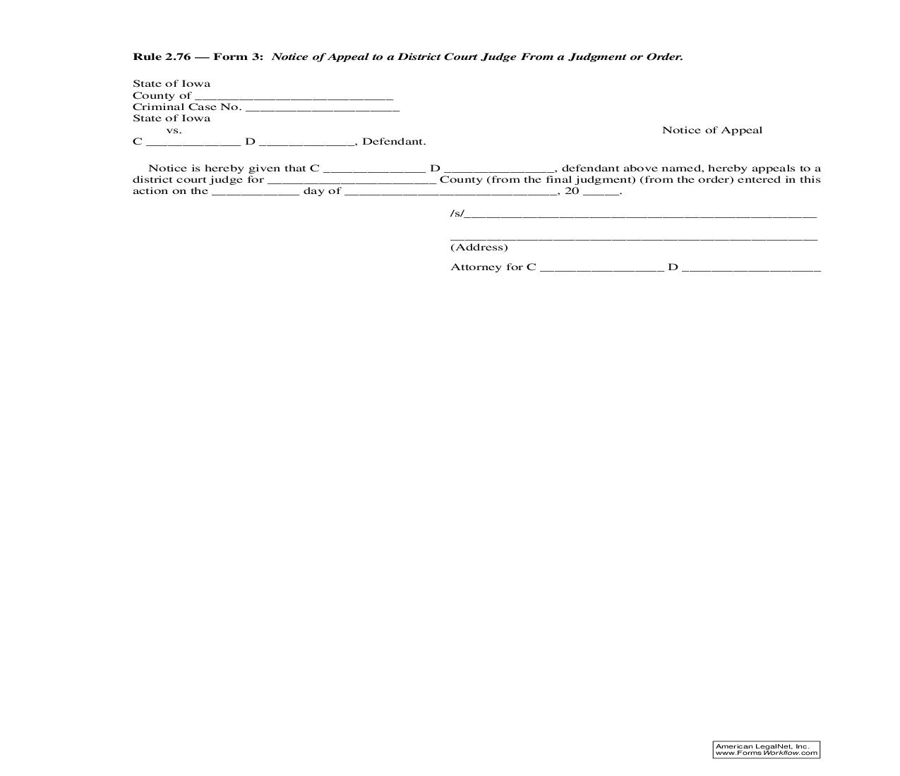 Notice Of Appeal To A District Court Judge From A Judgment Or Order {Rule 2.76 Form 3} | Pdf Fpdf Doc Docx | Iowa