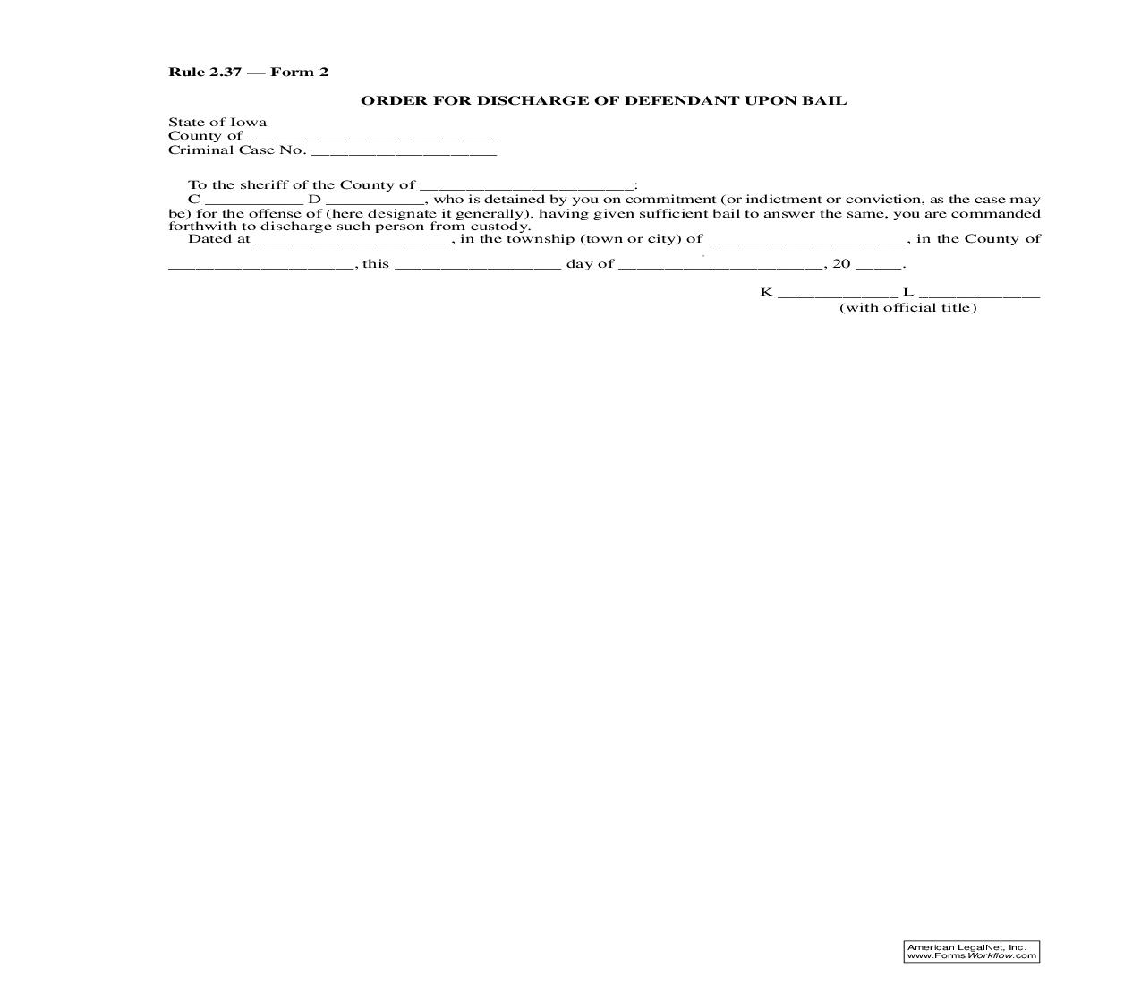 Order For Discharge Of Defendant Upon Bail {Rule 2.37 Form 2} | Pdf Fpdf Doc Docx | Iowa