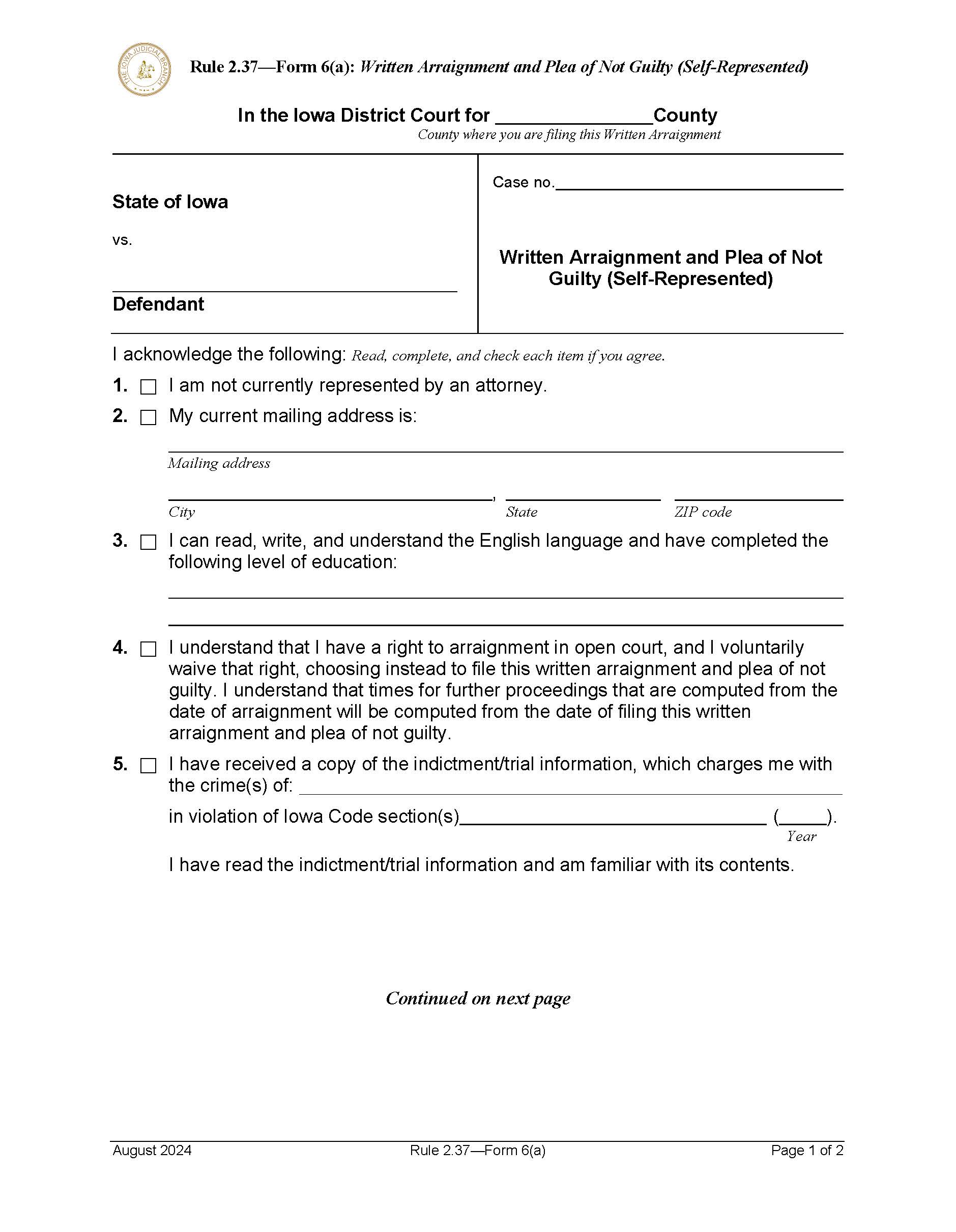 Written Arraignment And Plea Of Not Guilty {Rule 2.37 Form 6} | Pdf Fpdf Doc Docx | Iowa