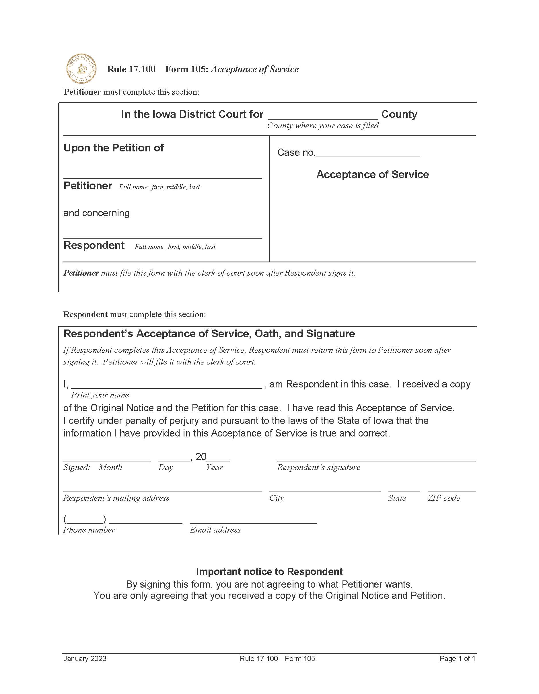 Acceptance Of Service {Form 105} | Pdf Fpdf Doc Docx | Iowa