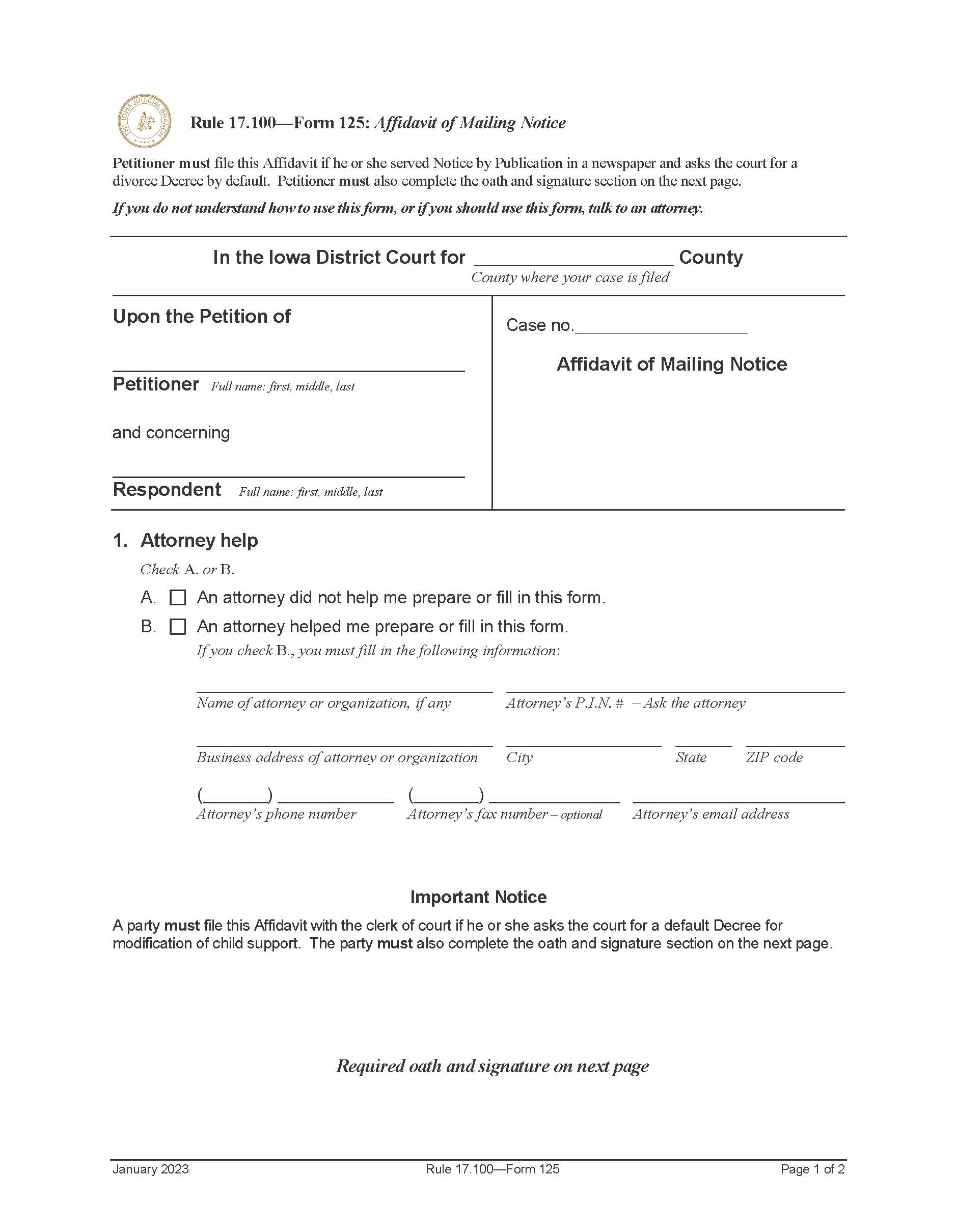 Affidavit Of Mailing Notice {Form 125} | Pdf Fpdf Doc Docx | Iowa