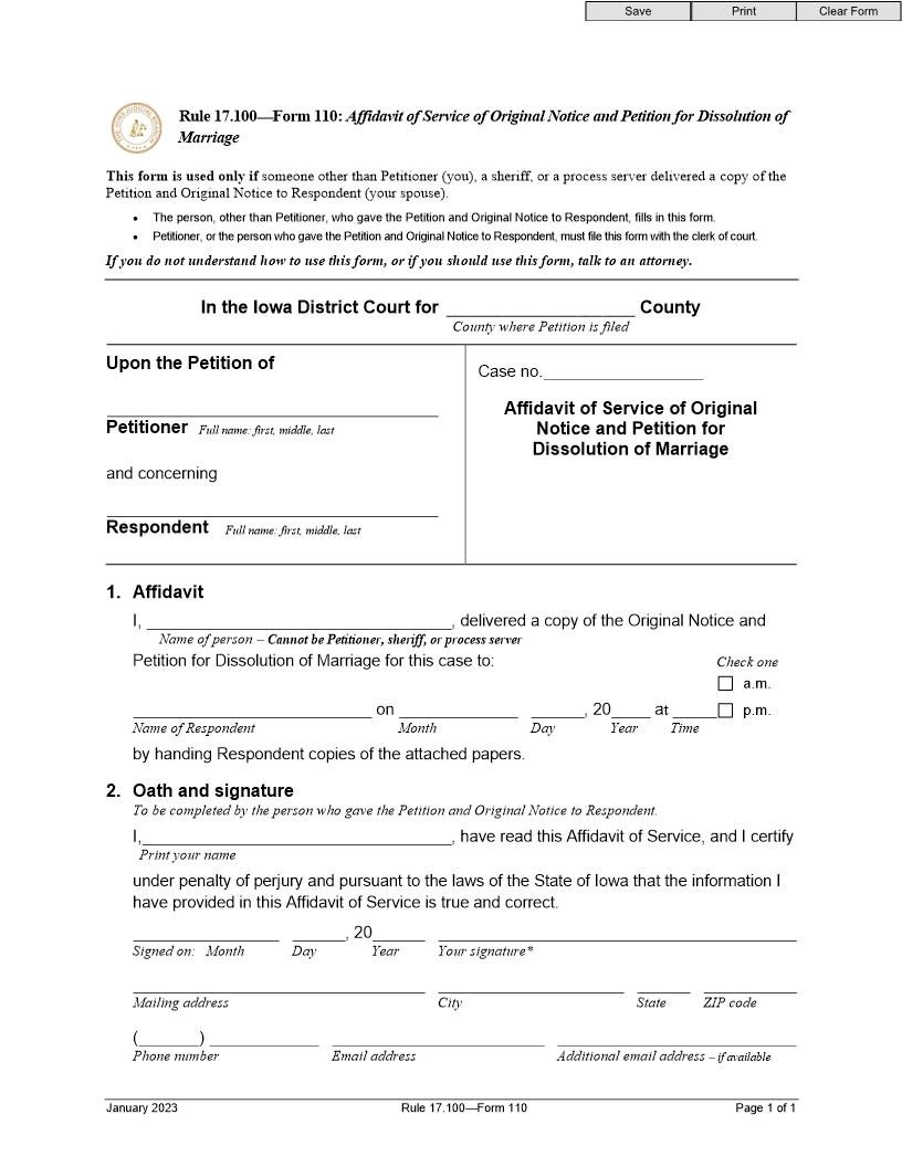 Affidavit Of Service Original Notice And Petition Dissolution Of Marriage {Form 110} | Pdf Fpdf Docx | Iowa