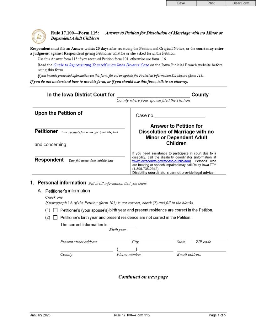 Answer To Petition For Dissolution Of Marriage No Minor Or Dependent Adult Children {Form 115} | Pdf Fpdf Doc Docx | Iowa