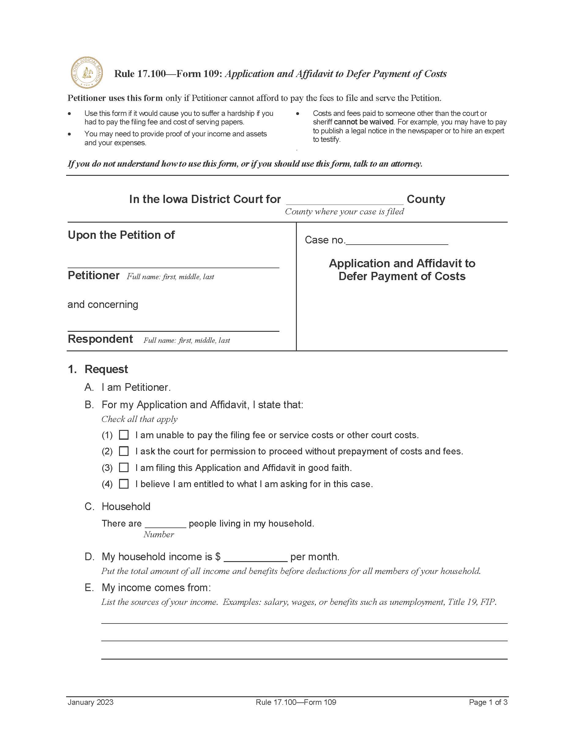 Application And Affidavit To Defer Payment Of Costs {Form 109} | Pdf Fpdf Doc Docx | Iowa