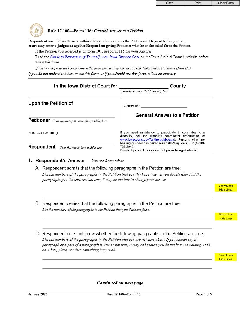General Answer To A Petition {Form 116} | Pdf Fpdf Doc Docx | Iowa