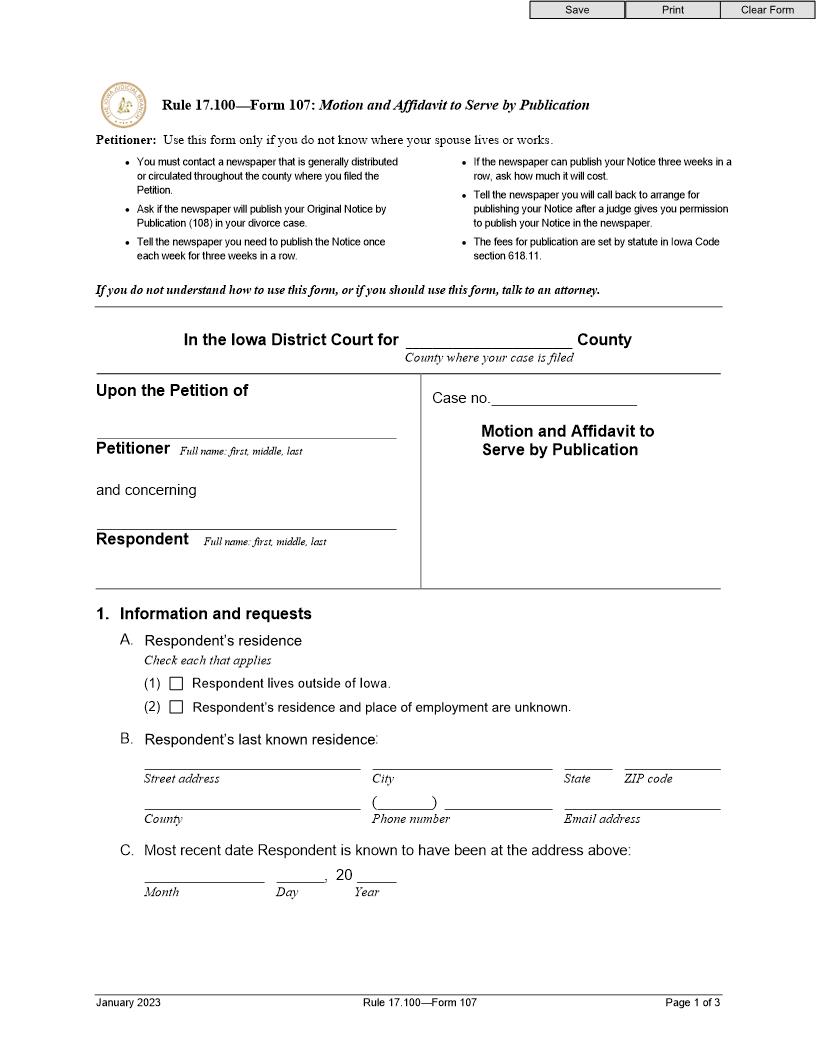 Motion And Affidavit To Serve By Publication {Form 107} | Pdf Fpdf Doc Docx | Iowa