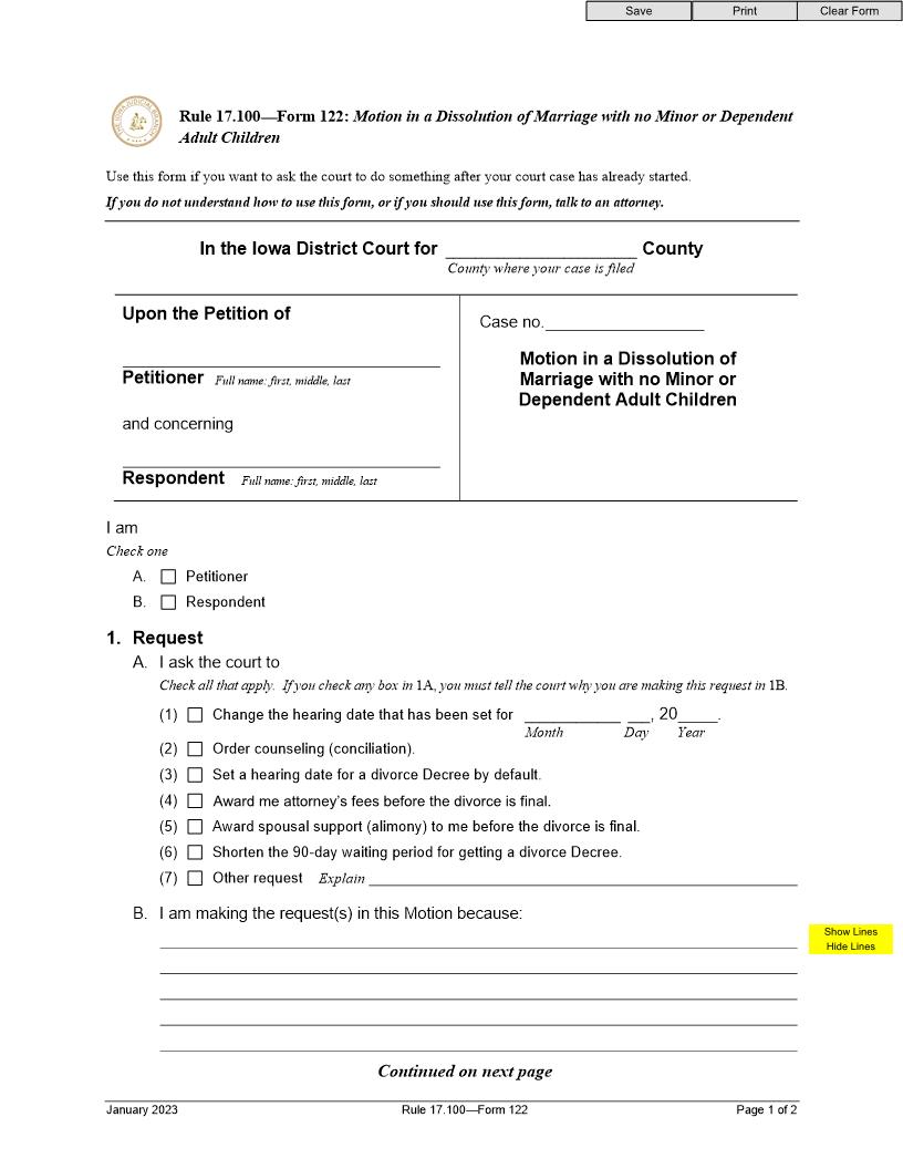 Motion In Dissolution Of Marriage No Minor Or Dependent Adult Children {Form 122} | Pdf Fpdf Doc Docx | Iowa