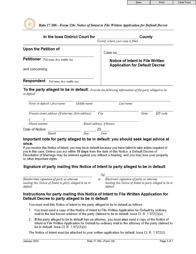 Notice Of Intent To File Written Application For Default Decree {Form 126} | Pdf Fpdf Doc Docx | Iowa