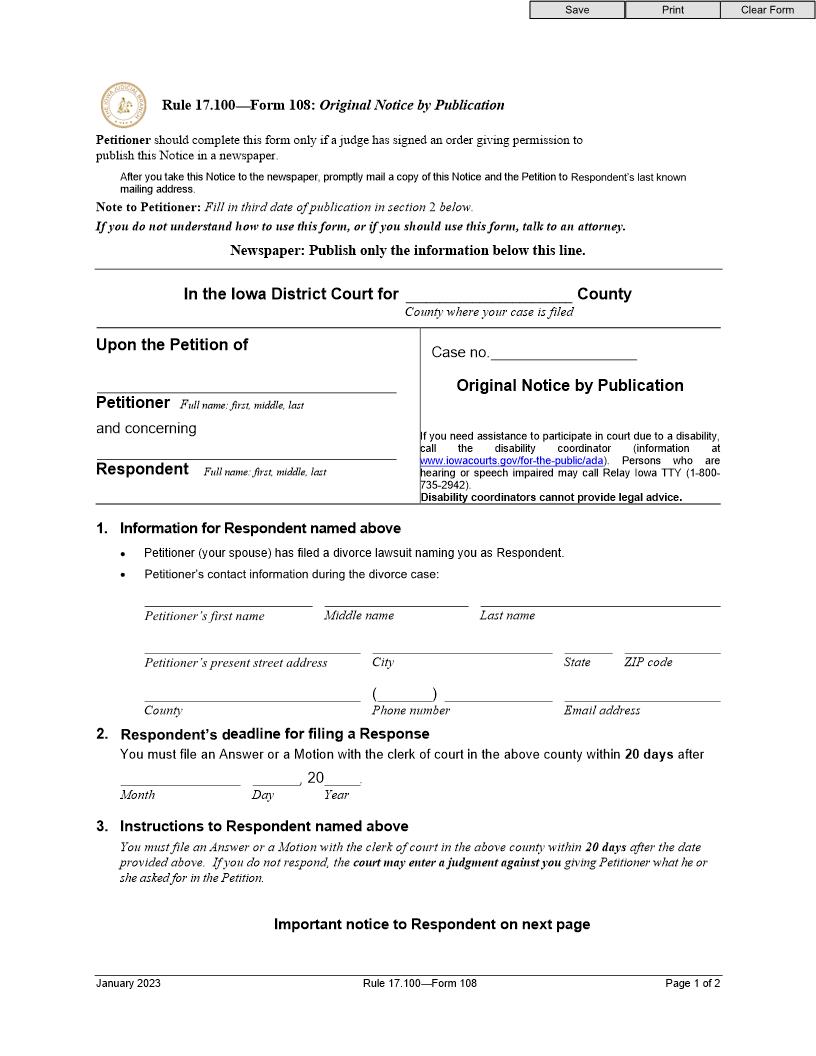 Original Notice By Publication {Form 108} | Pdf Fpdf Doc Docx | Iowa