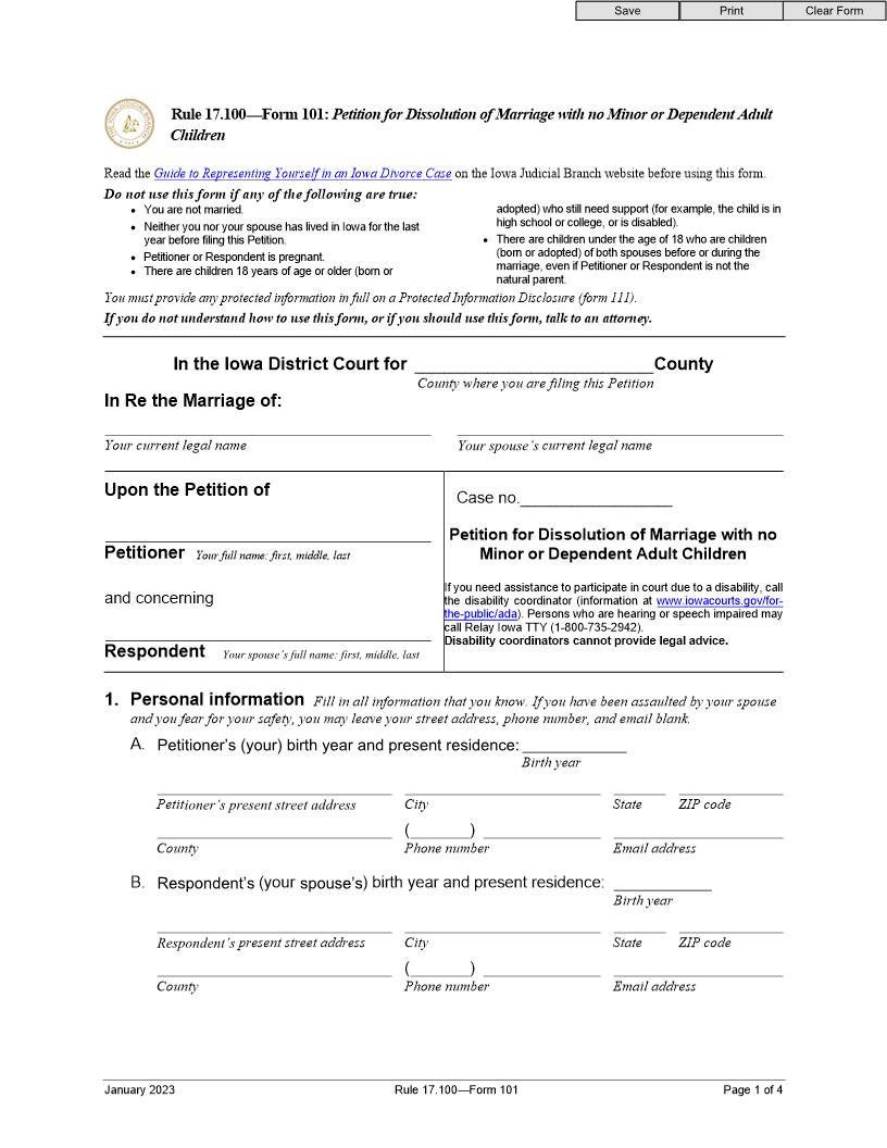 Petition For Dissolution Of Marriage No Minor Or Dependent Adult Children {Form 101} | Pdf Fpdf Doc Docx | Iowa