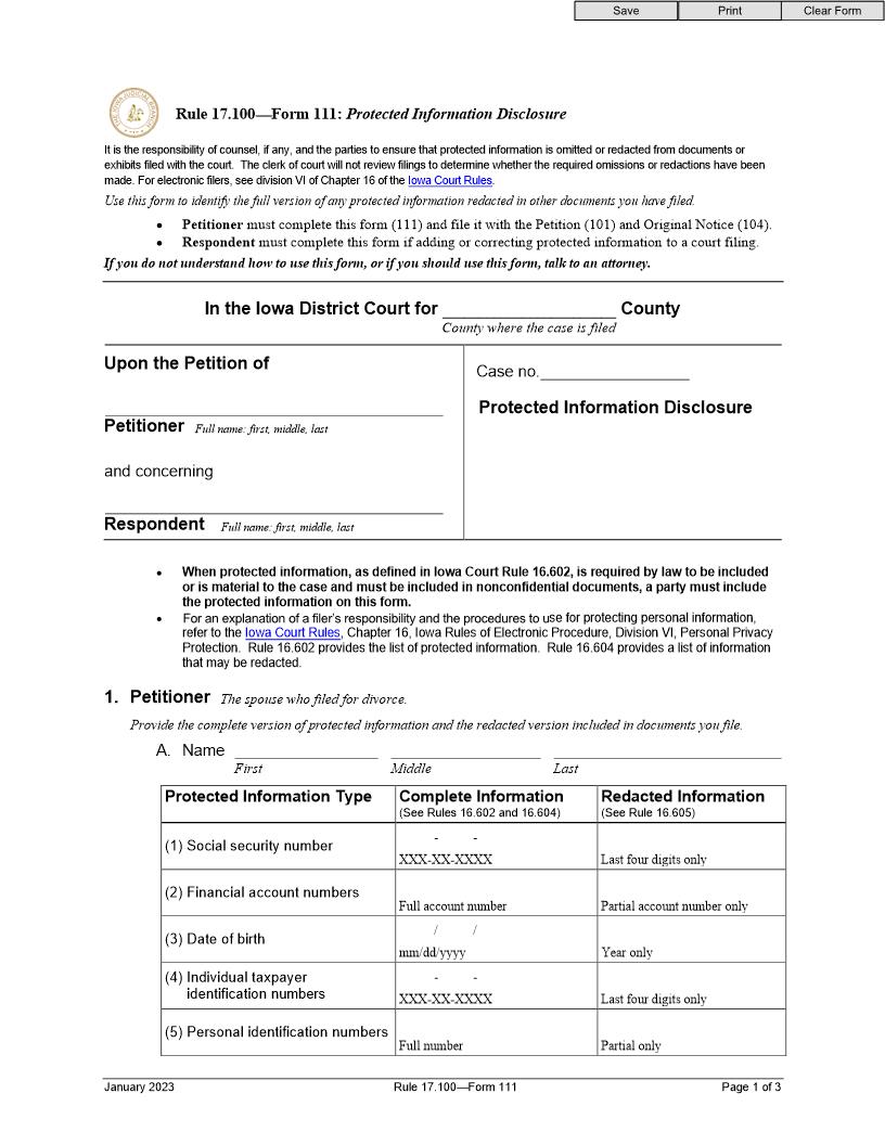 Protected Information Disclosure {Form 111} | Pdf Fpdf Doc Docx | Iowa