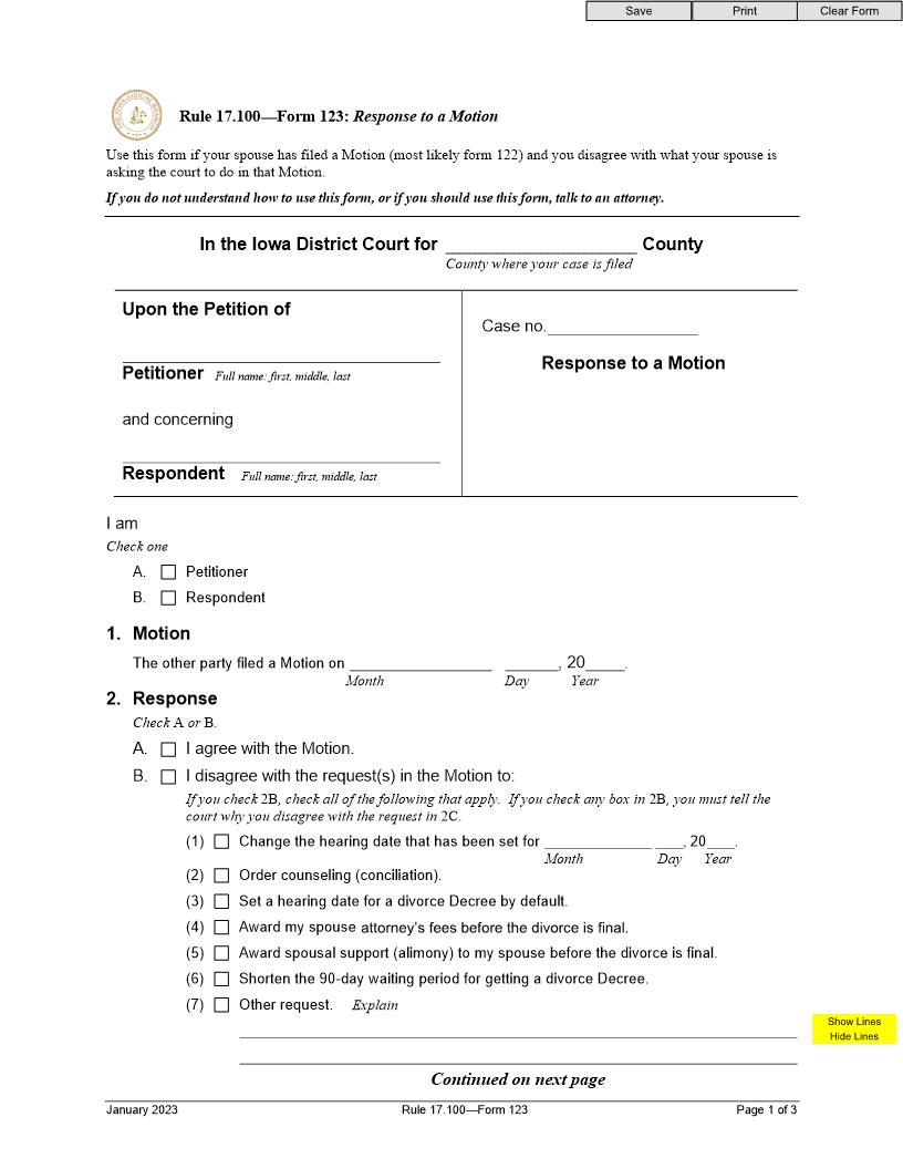 Response To A Motion {Form 123} | Pdf Fpdf Doc Docx | Iowa