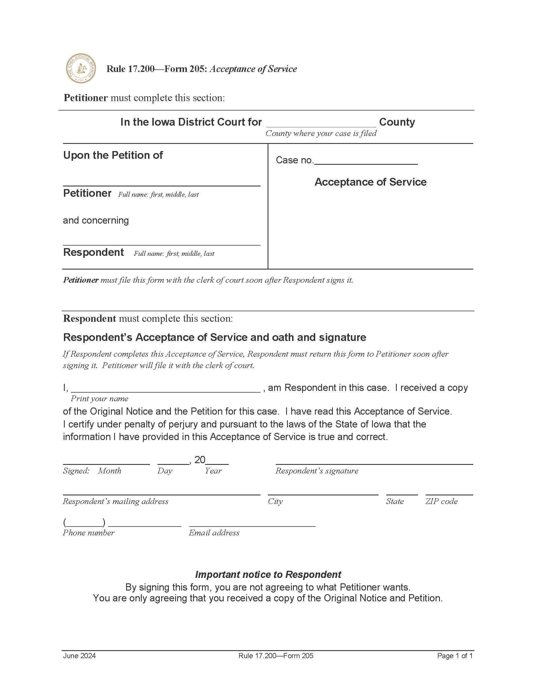 Acceptance Of Service {Form 205} | Pdf Fpdf Doc Docx | Iowa