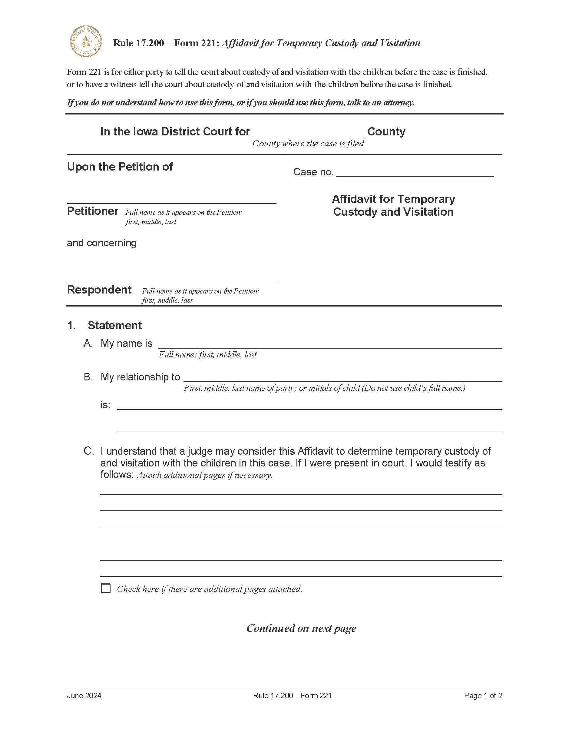 Affidavit For Temporary Custody And Visitation {Form 221} | Pdf Fpdf Doc Docx | Iowa