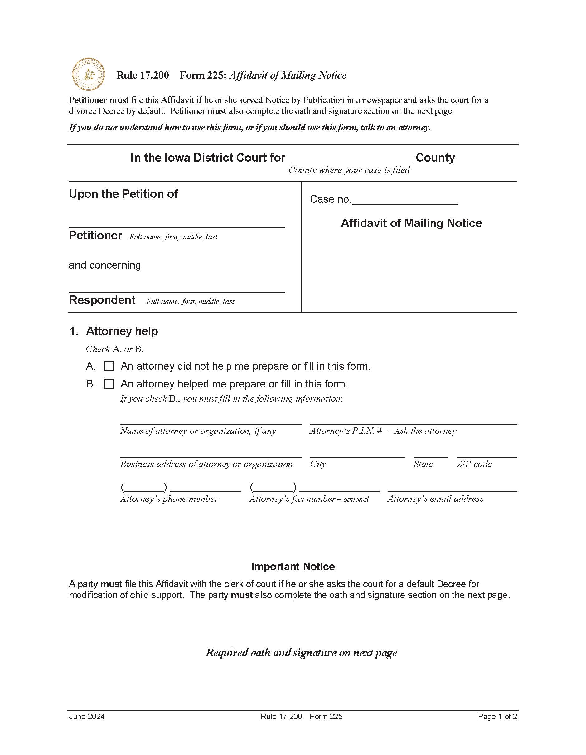 Affidavit Of Maling Notice {Form 225} | Pdf Fpdf Doc Docx | Iowa