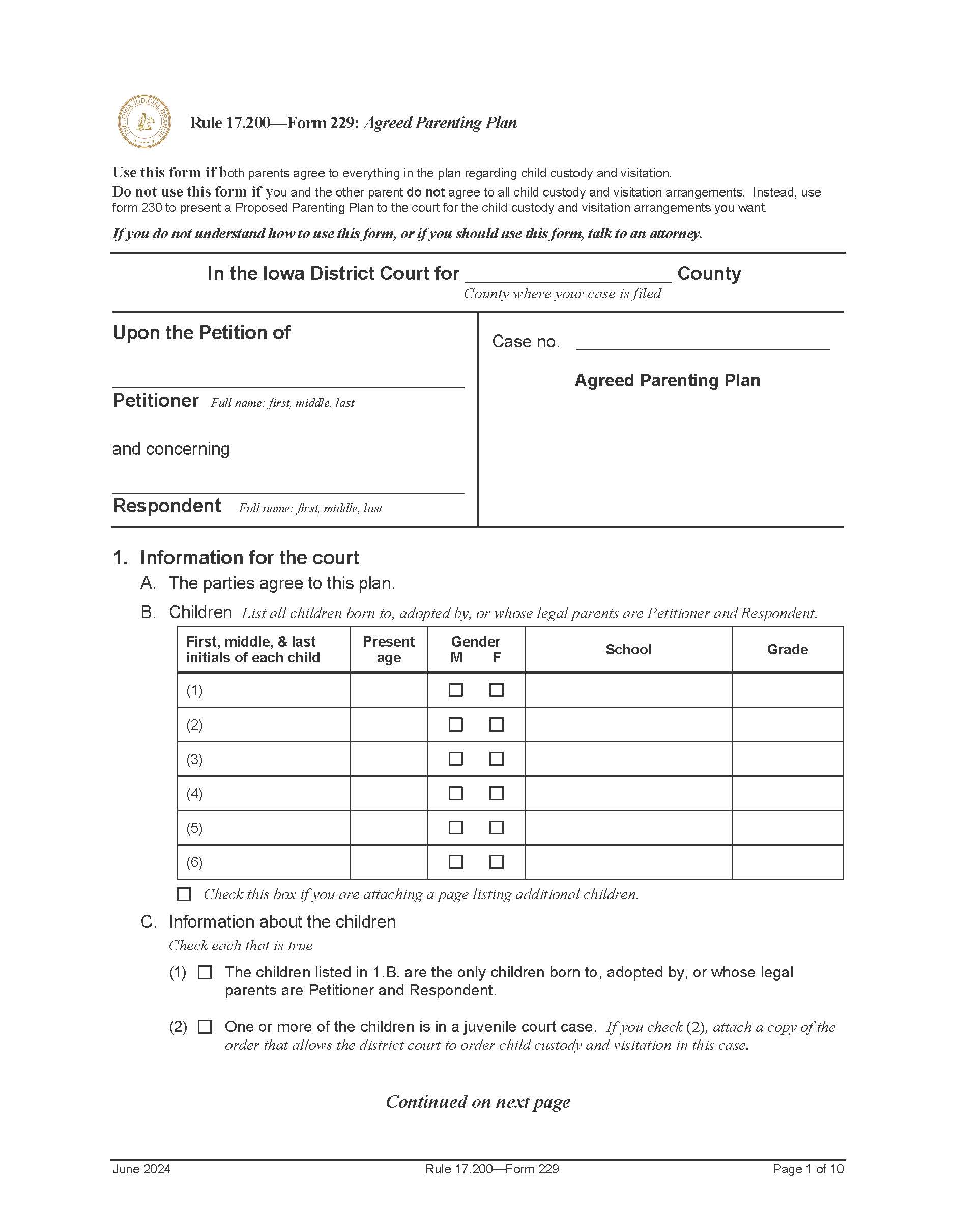 Agreed Parenting Plan {Form 229} | Pdf Fpdf Doc Docx | Iowa