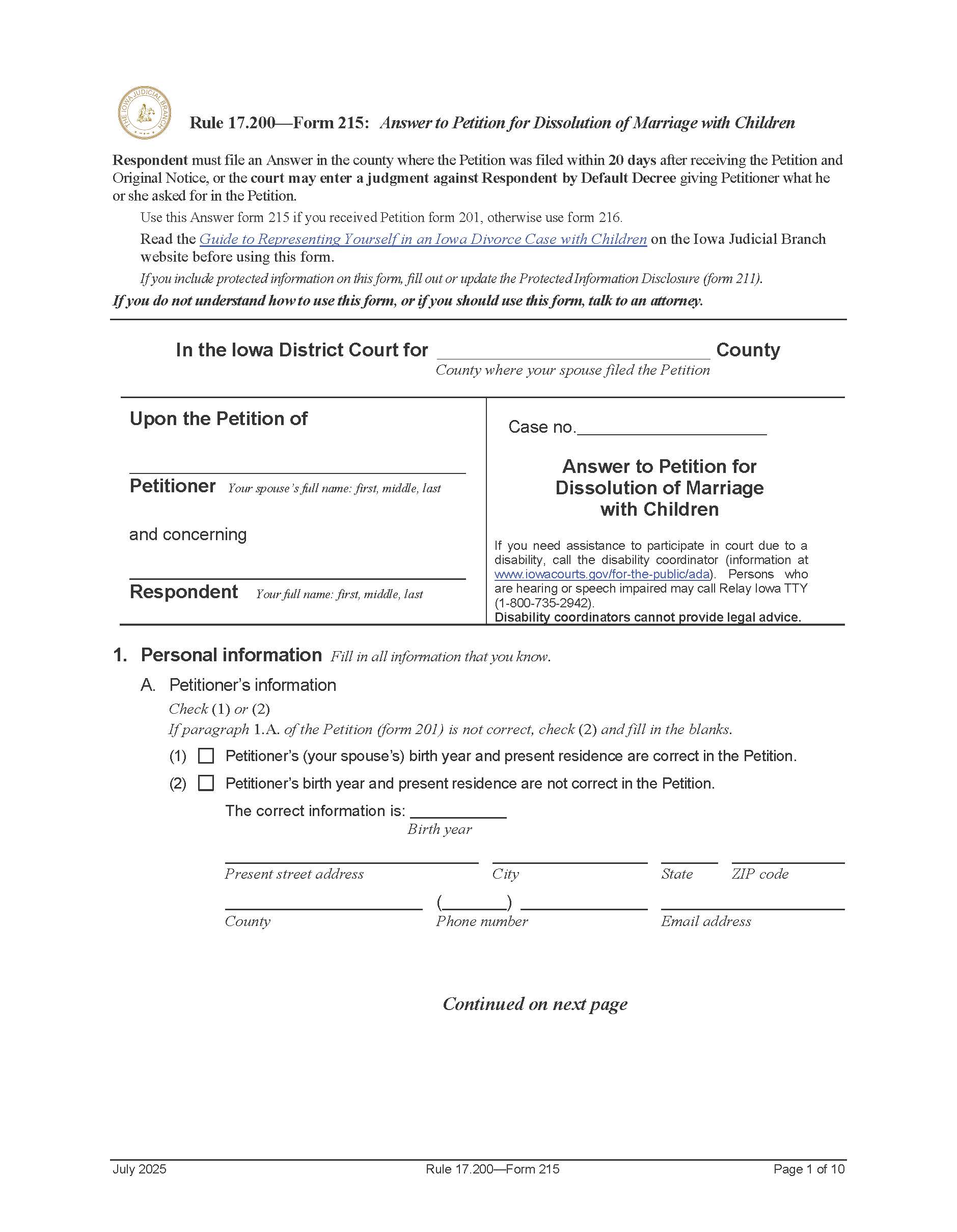 Answer To Petition For Dissolution Of Marriage With Children {Form 215} | Pdf Fpdf Doc Docx | Iowa