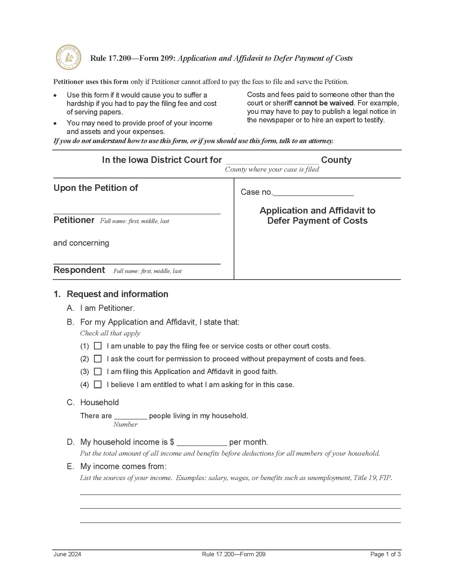 Application And Affidavit To Defer Payment Of Costs {Form 209} | Pdf Fpdf Doc Docx | Iowa