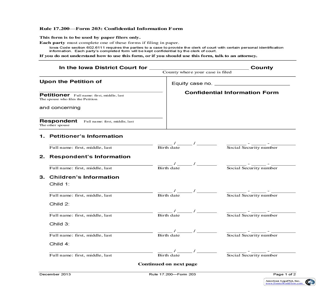 Confidential Information Form {Form 203} | Pdf Fpdf Doc Docx | Iowa