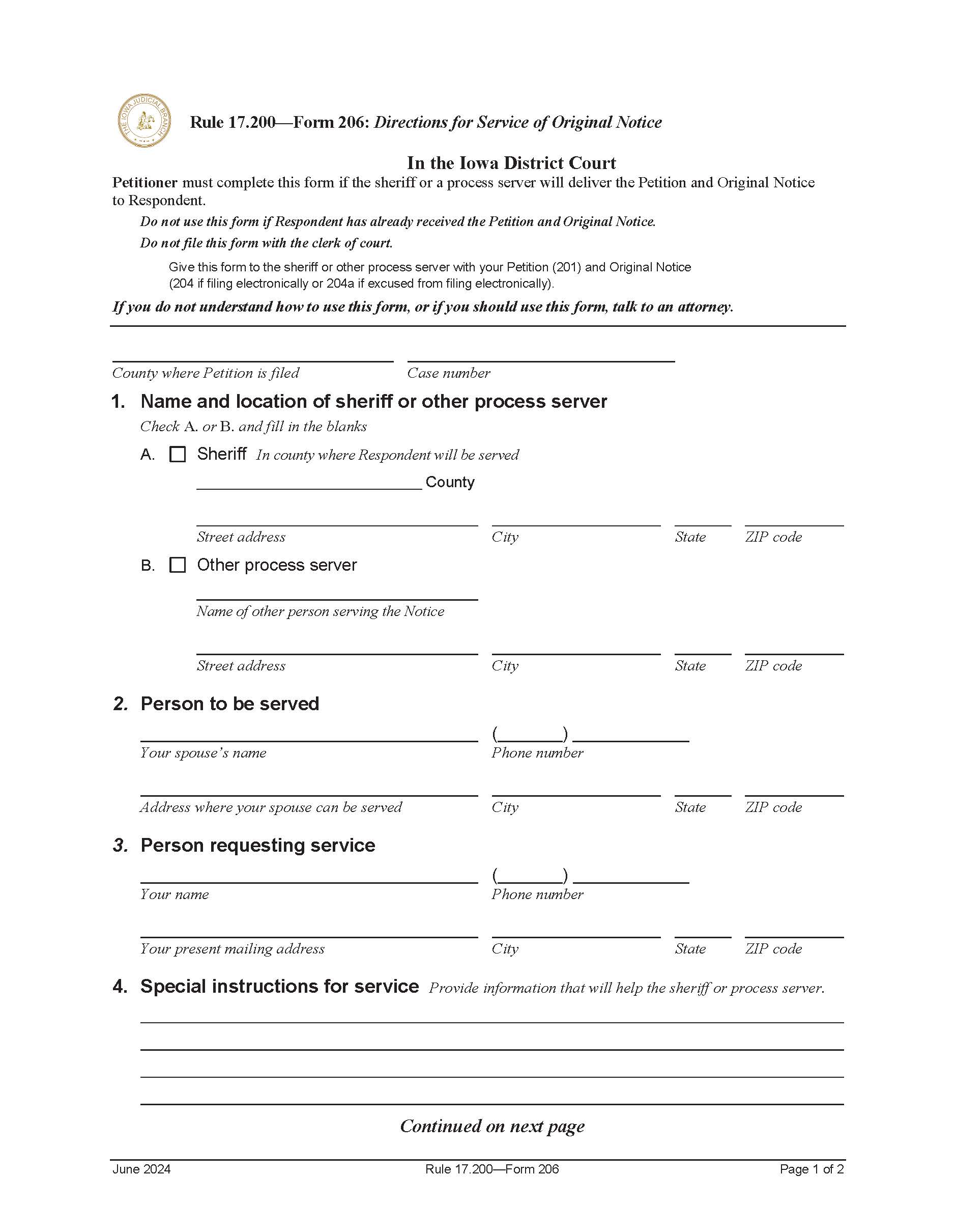Directions For Service Of Original Notice {Form 206} | Pdf Fpdf Doc Docx | Iowa