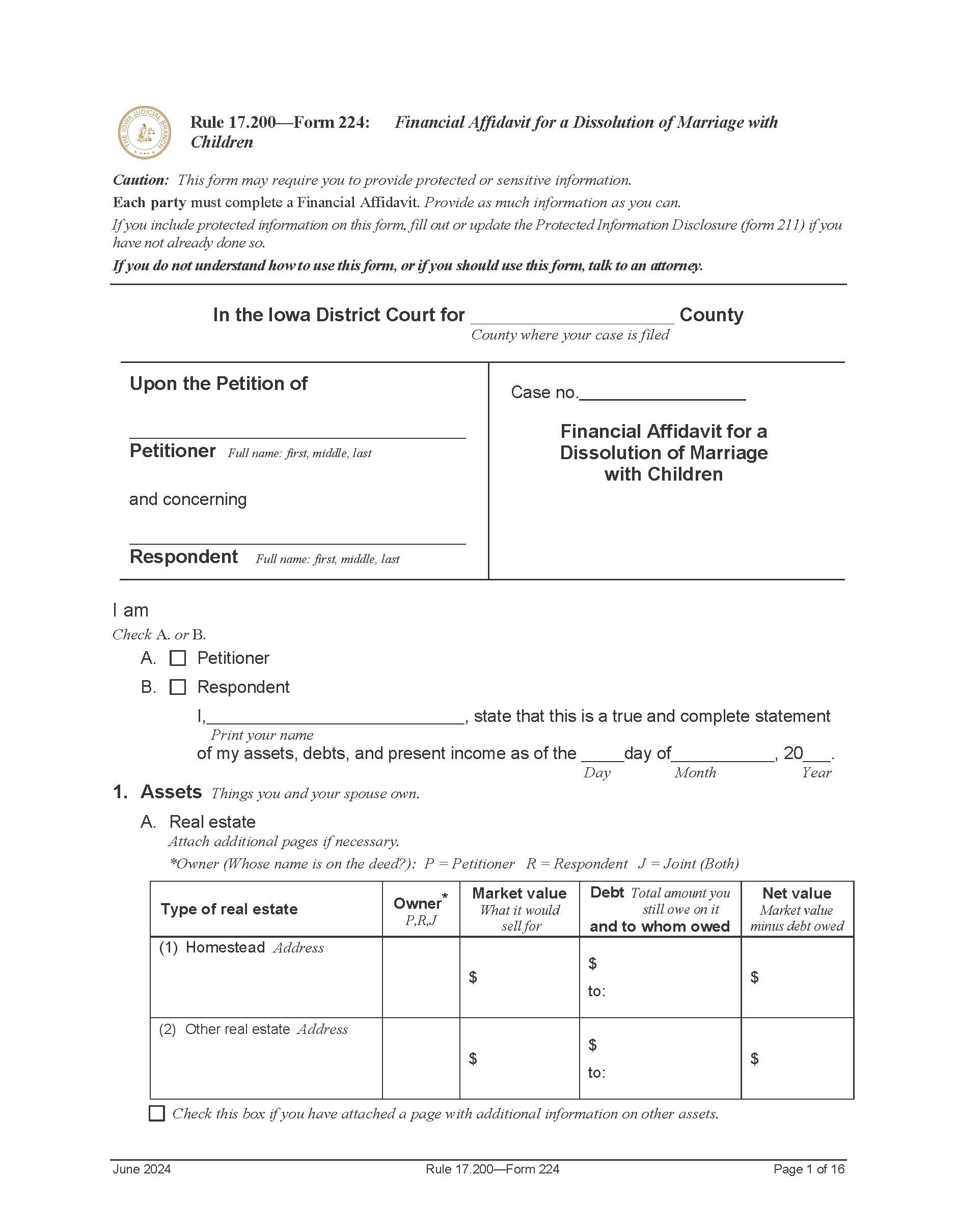 Financial Affidavit For Dissolution Of Marriage With Children {Form 224} | Pdf Fpdf Doc Docx | Iowa