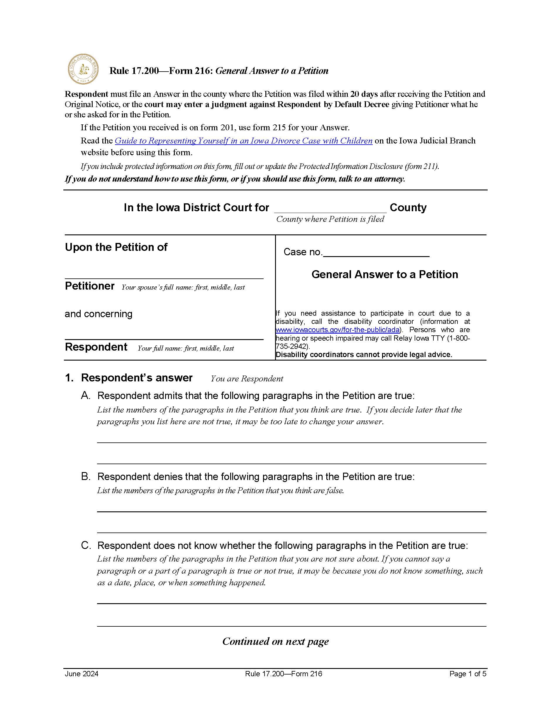 General Answer To Petition For Dissolution Of Marriage With Children {Form 216} | Pdf Fpdf Doc Docx | Iowa