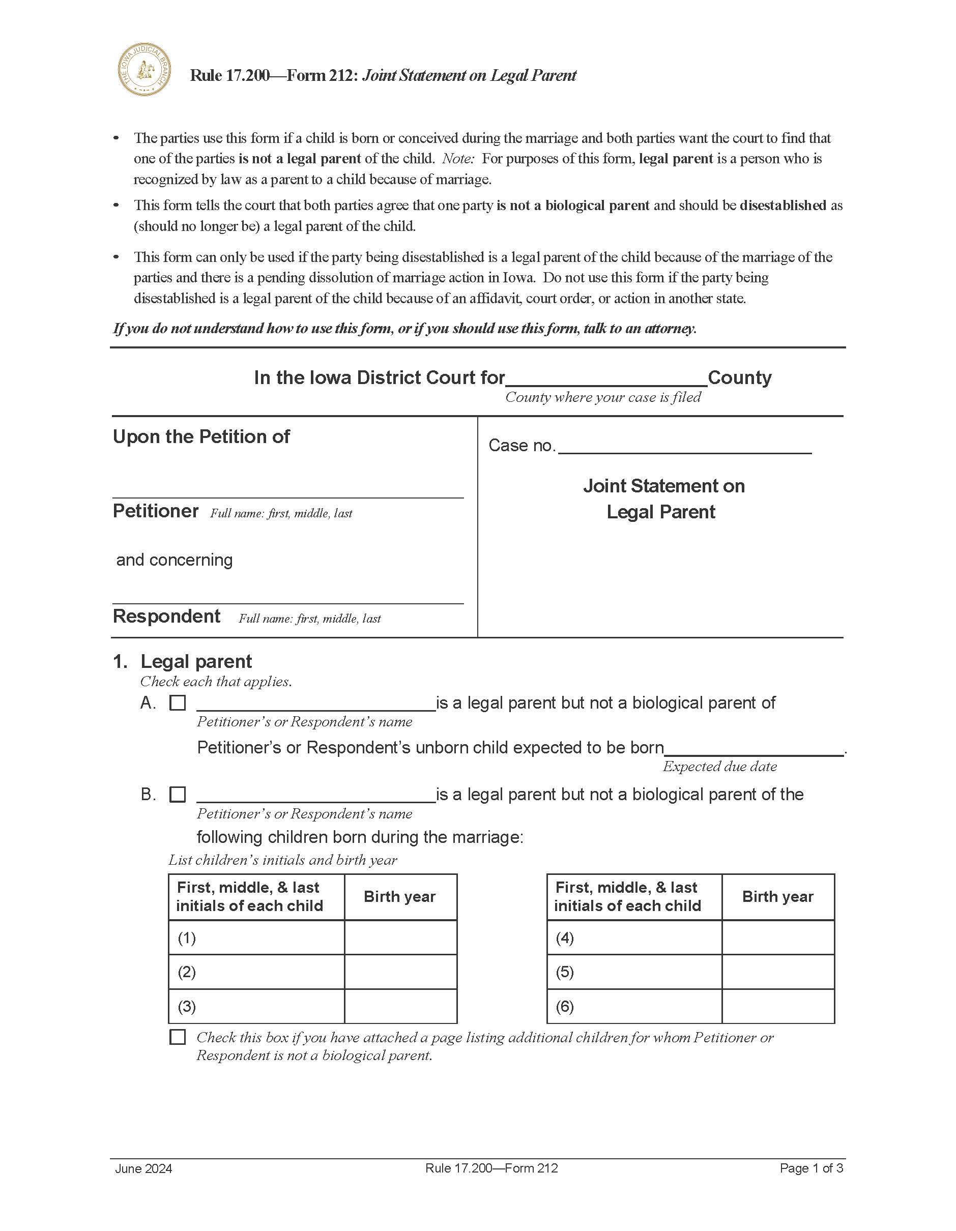 Joint Statement On Legal Parent {Form 212} | Pdf Fpdf Doc Docx | Iowa