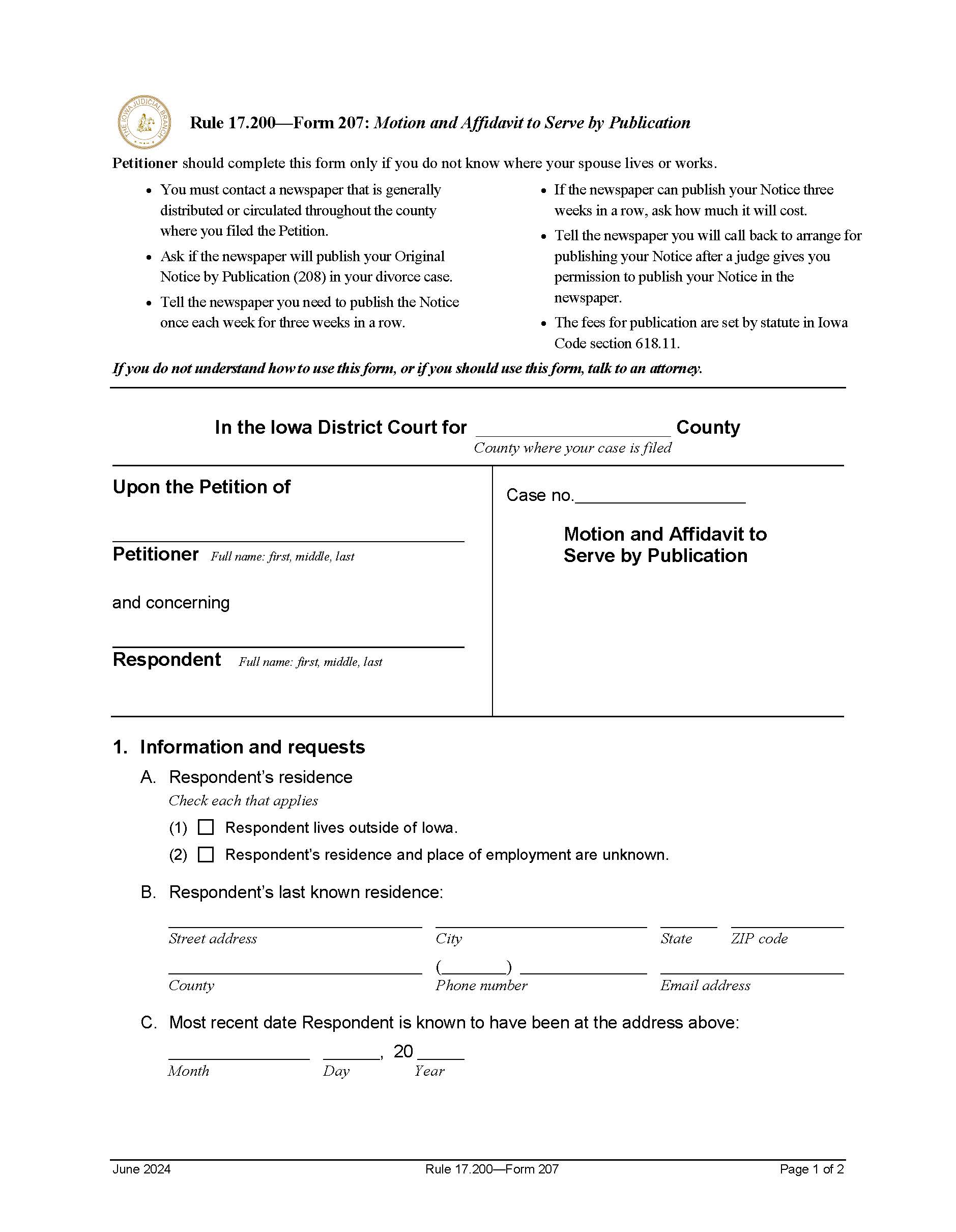 Motion And Affidavit To Serve By Publication {Form 207} | Pdf Fpdf Doc Docx | Iowa