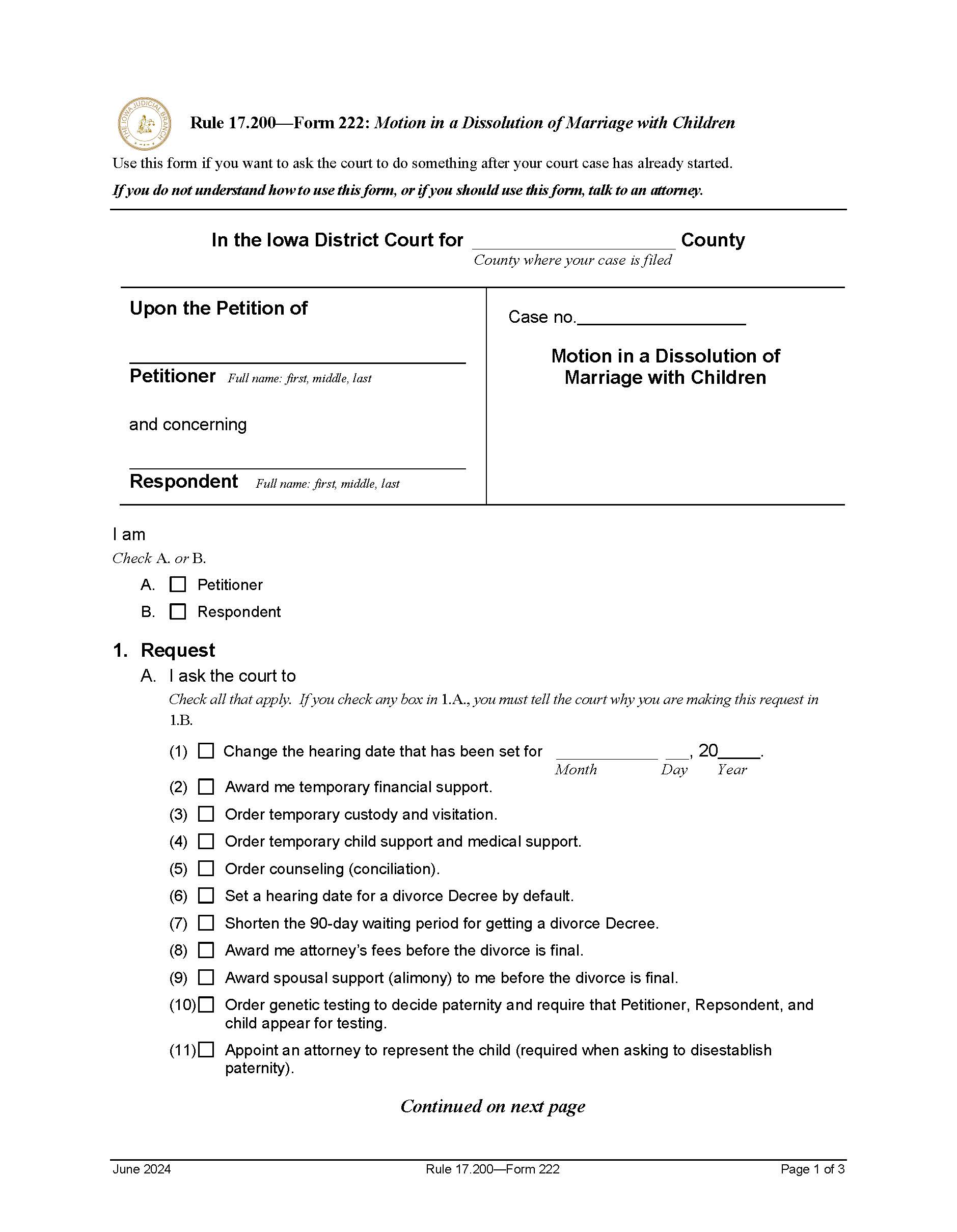 Motion In Dissolution Of Marriage With Children {Form 222} | Pdf Fpdf Doc Docx | Iowa
