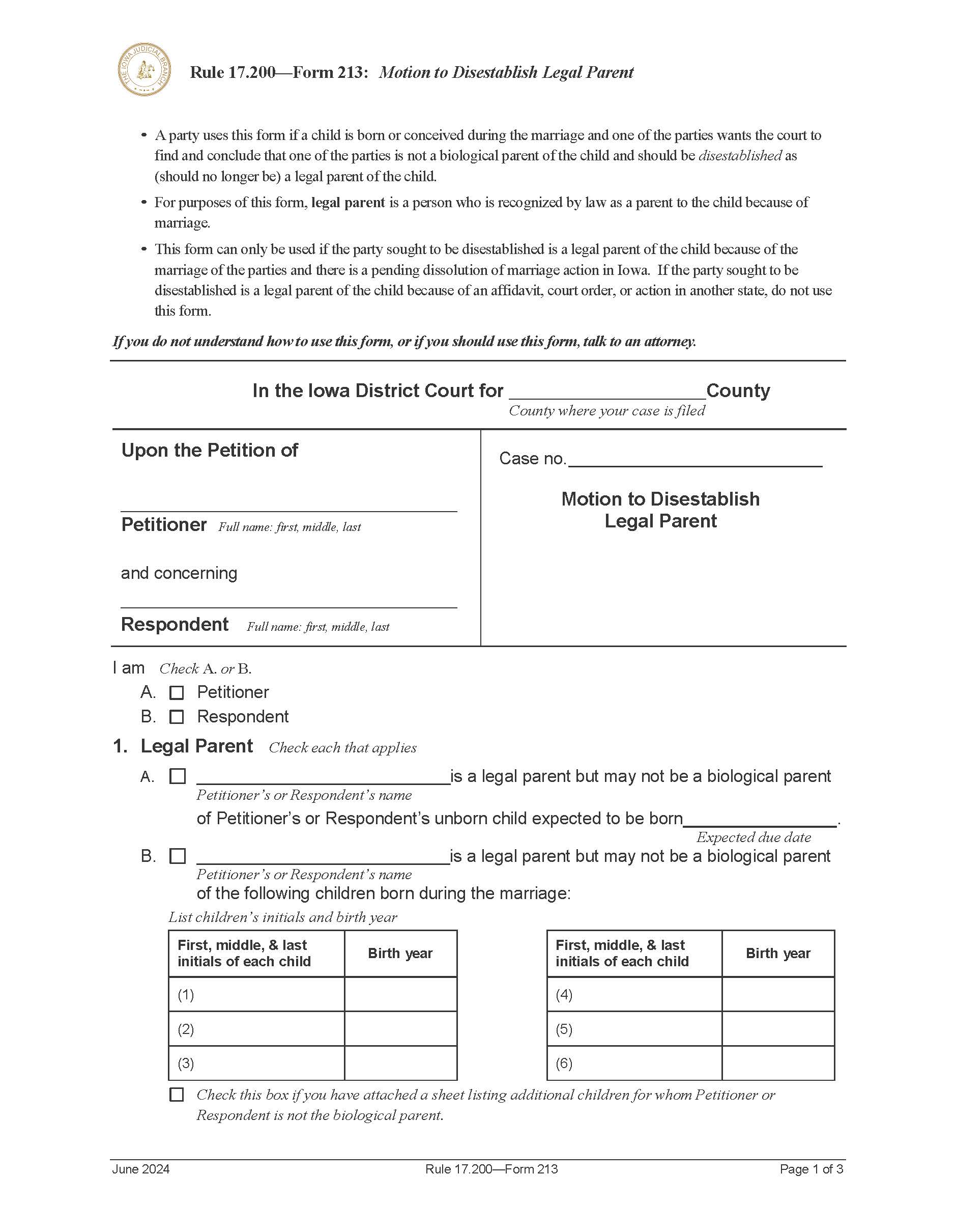 Motion To Disestablish Legal Parent {Form 213} | Pdf Fpdf Doc Docx | Iowa