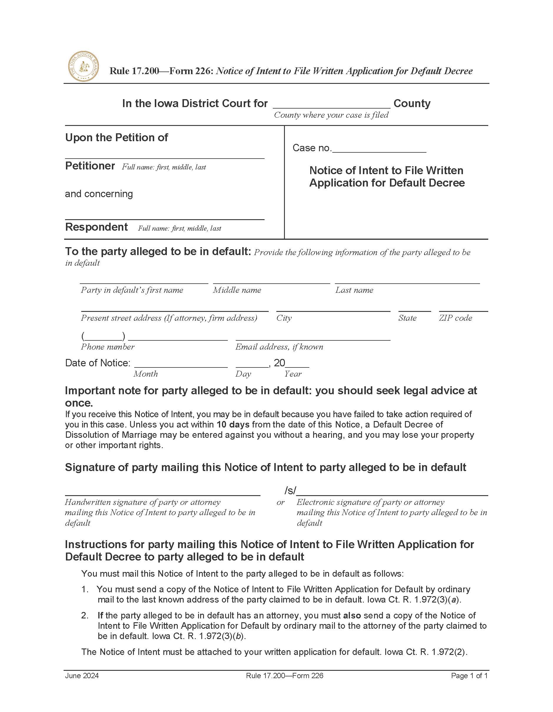 Notice Of Intent To File Written Application For Default Decree {Form 226} | Pdf Fpdf Doc Docx | Iowa