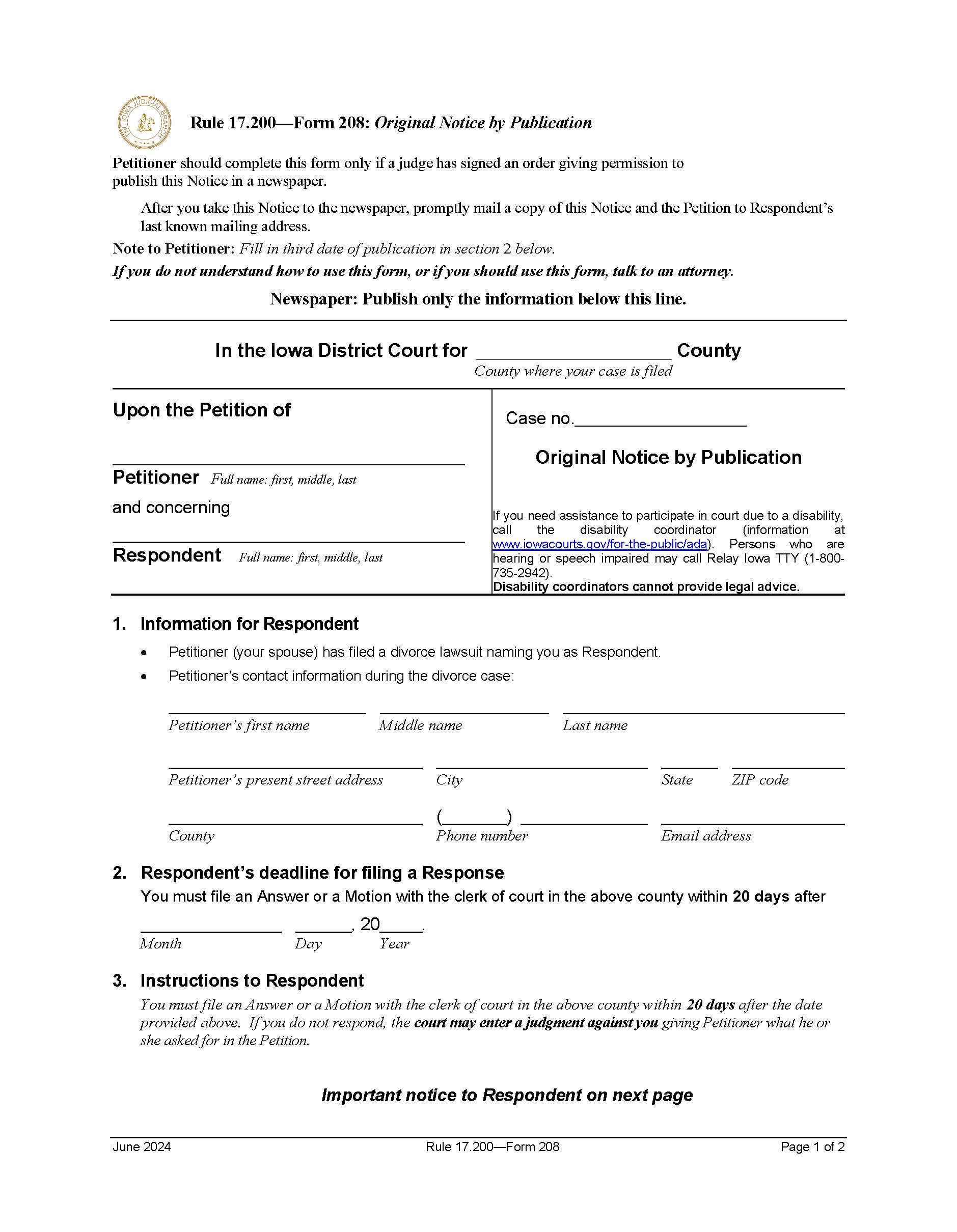 Original Notice By Publication {Form 208} | Pdf Fpdf Doc Docx | Iowa