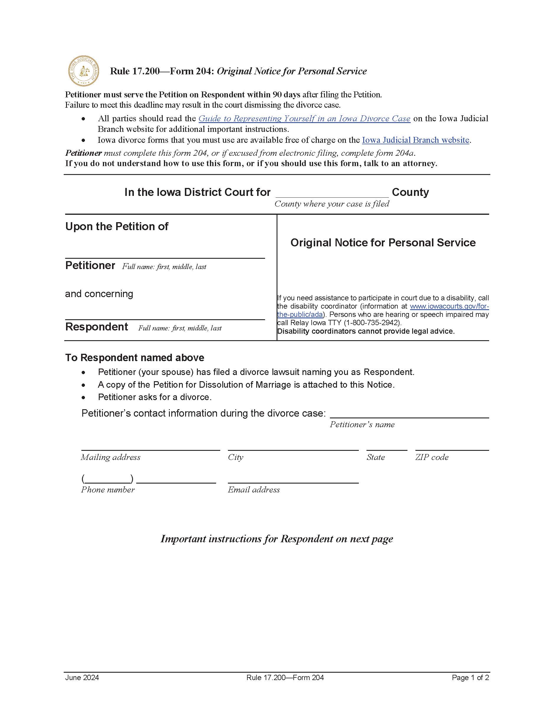 Original Notice For Personal Service (Efiling) {Form 204} | Pdf Fpdf Doc Docx | Iowa
