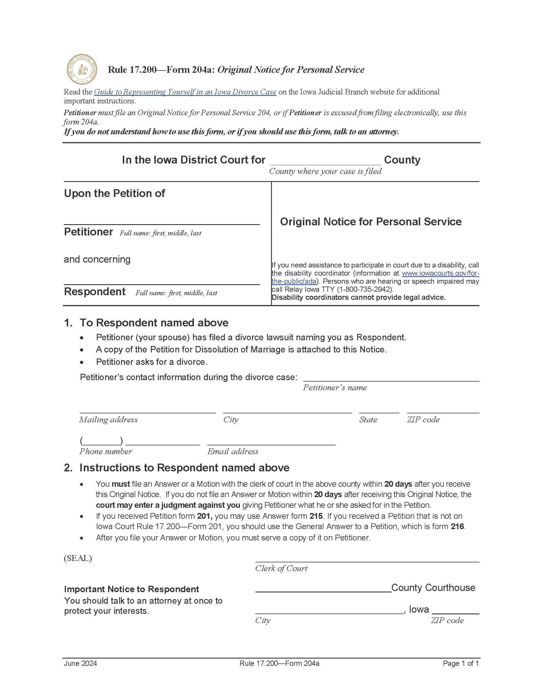 Original Notice For Personal Service (Paper Filing) {Form 204a} | Pdf Fpdf Doc Docx | Iowa