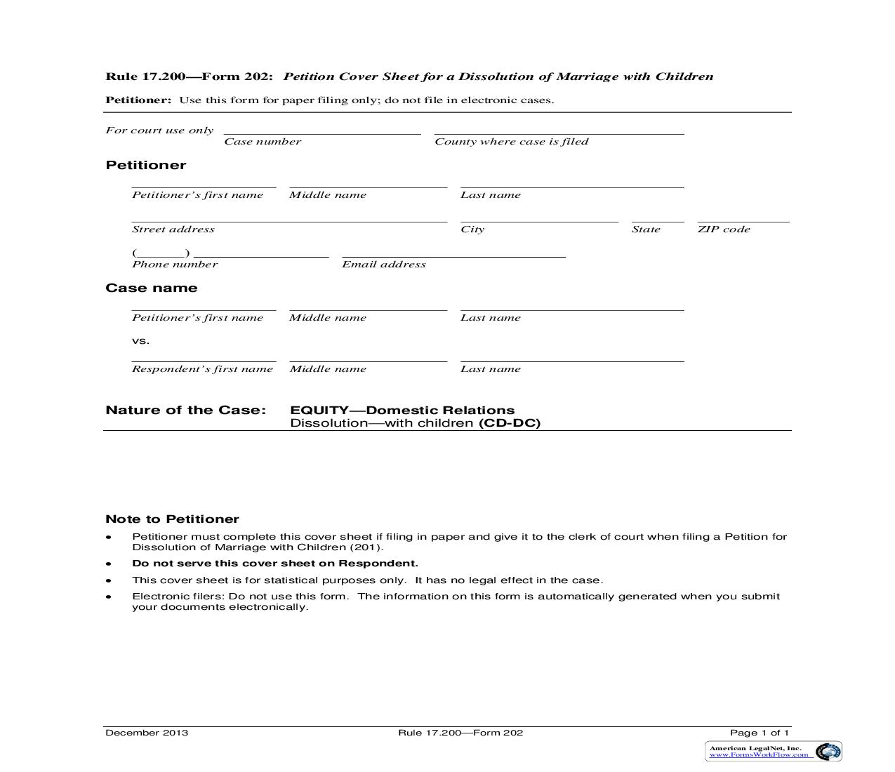 Petition Cover Sheet For Dissolution Of Marriage With Children {Form 202} | Pdf Fpdf Doc Docx | Iowa