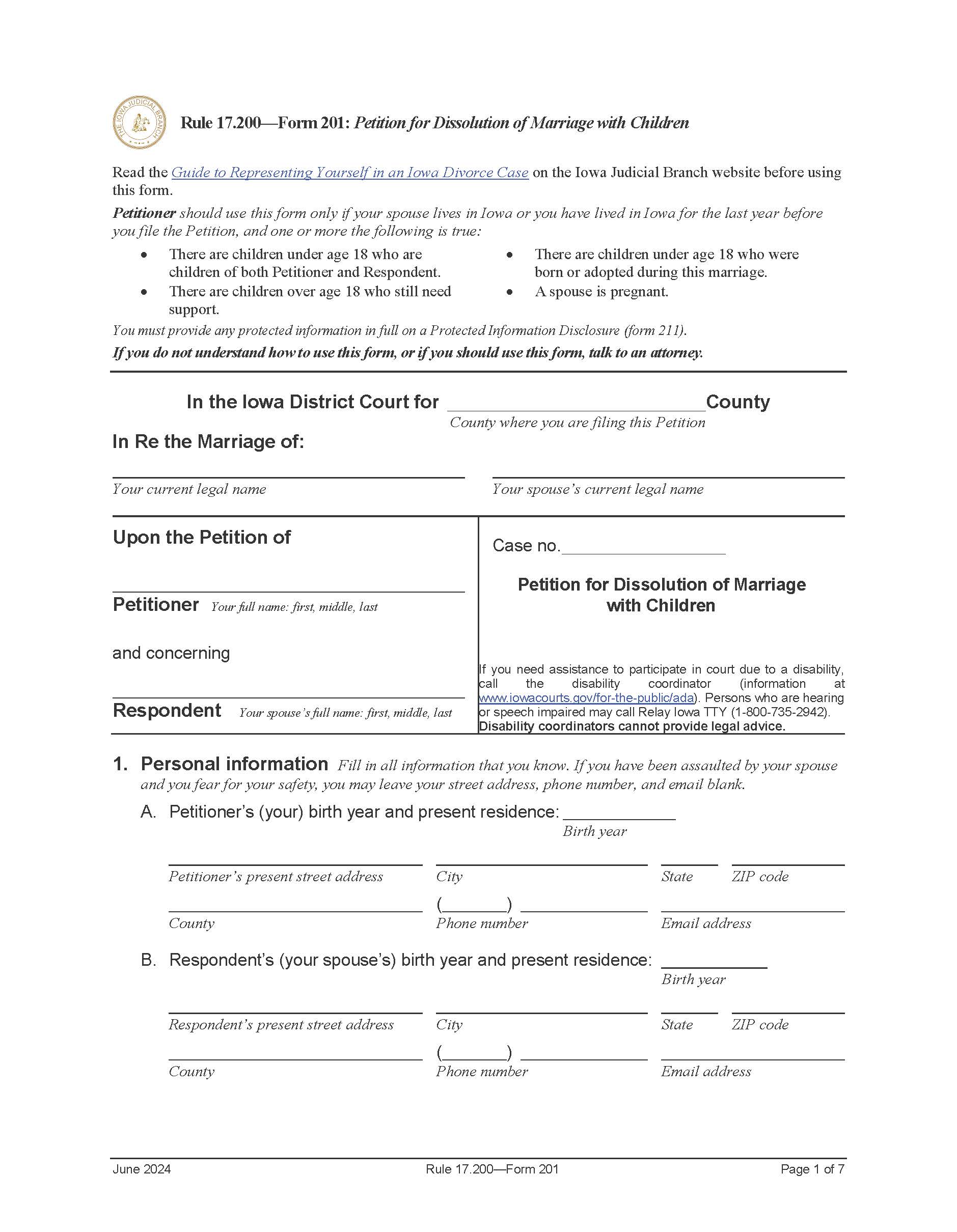 Petition For Dissolution Of Marriage With Children {Form 201} | Pdf Fpdf Doc Docx | Iowa