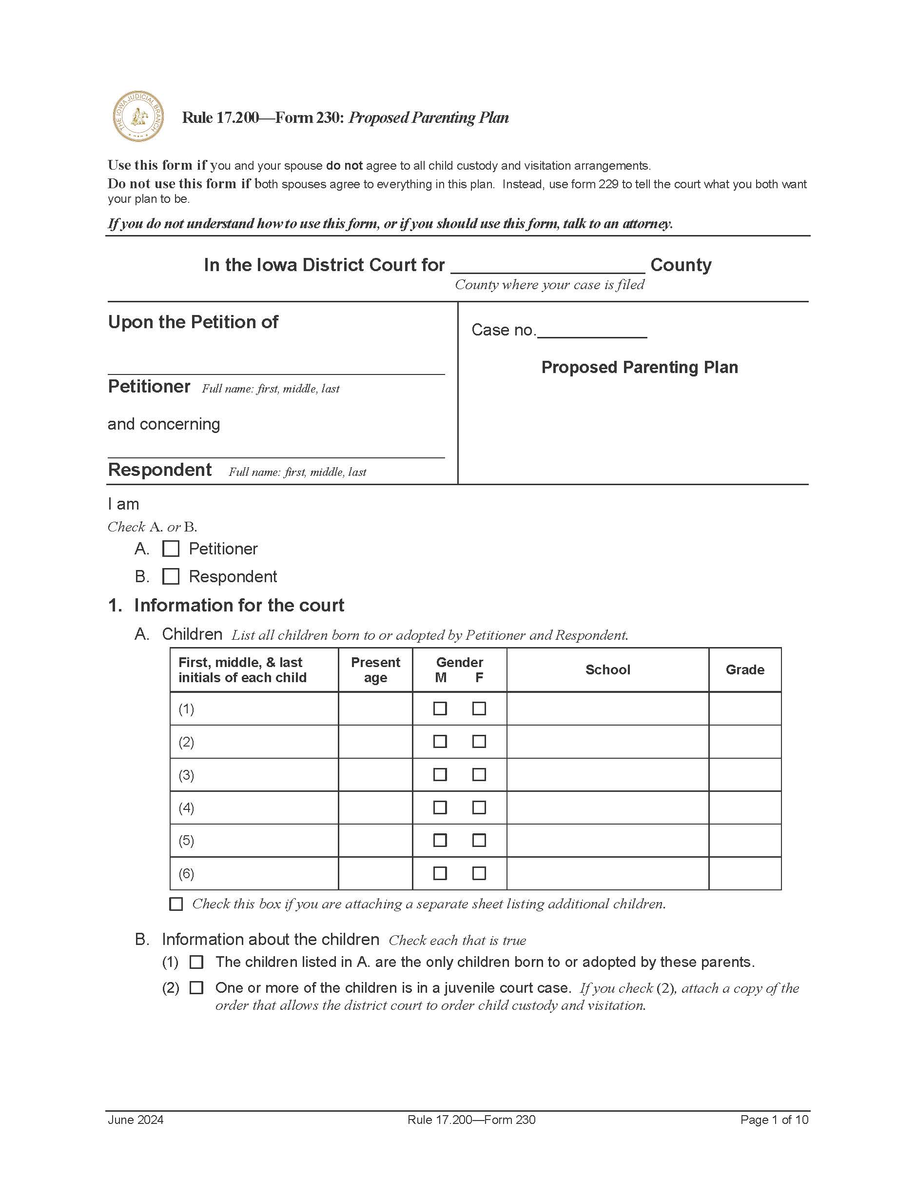Proposed Parenting Plan {Form 230} | Pdf Fpdf Doc Docx | Iowa