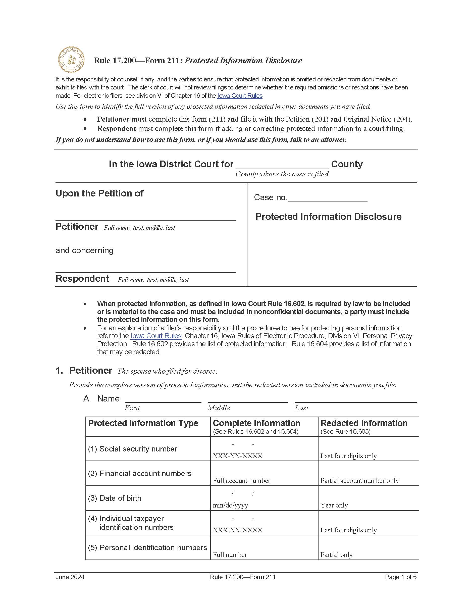 Protected Information Disclosure {Form 211} | Pdf Fpdf Doc Docx | Iowa
