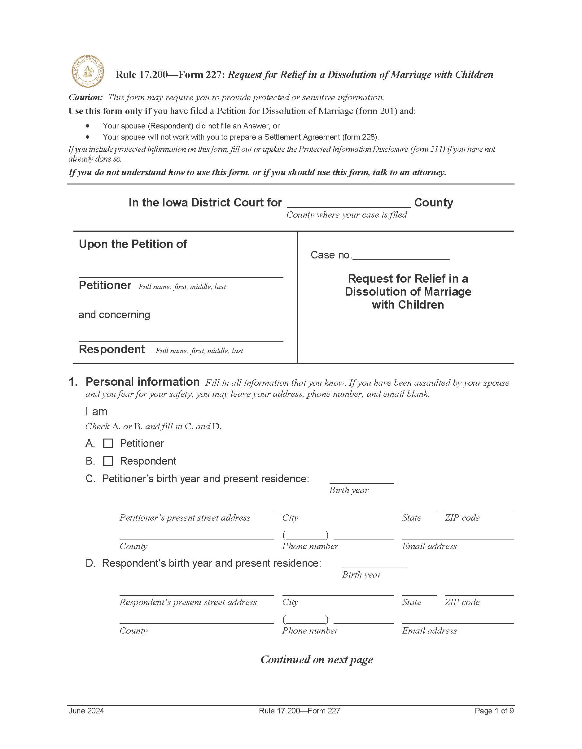 Request For Relief In Dissolution Of Marriage With Children {Form 227} | Pdf Fpdf Doc Docx | Iowa