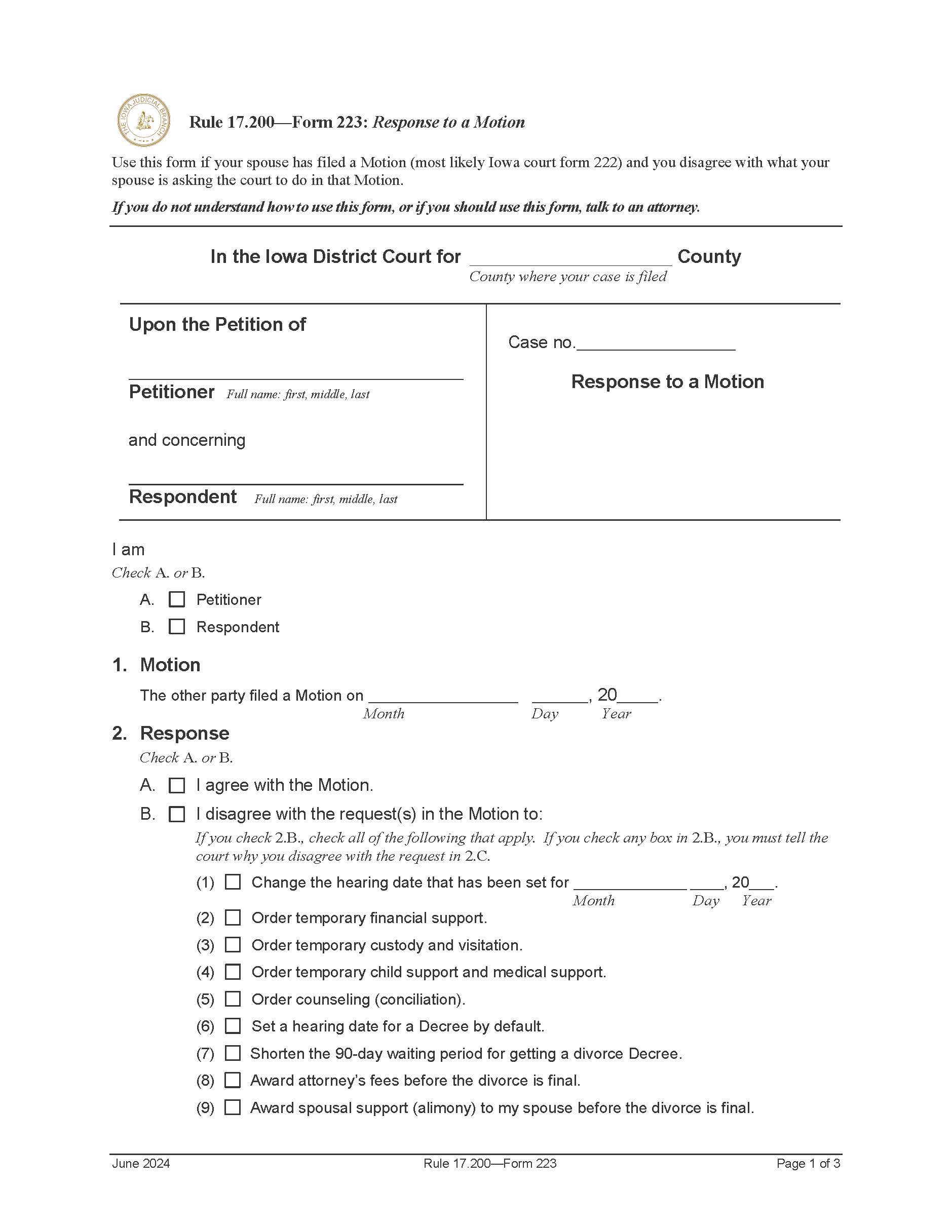 Response To A Motion {Form 223} | Pdf Fpdf Doc Docx | Iowa