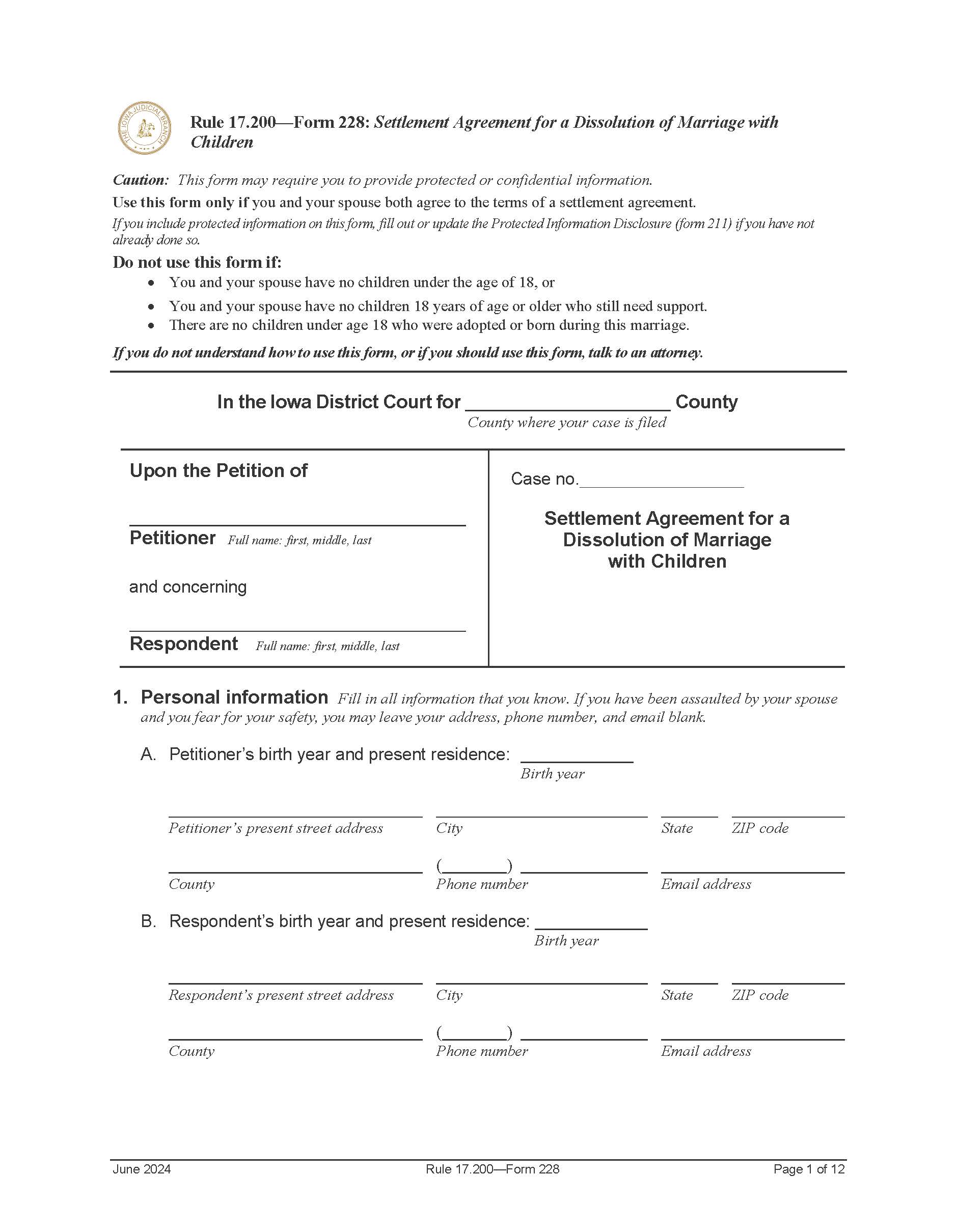 Settlement Agreement For Dissolution Of Marriage With Children {Form 228} | Pdf Fpdf Doc Docx | Iowa