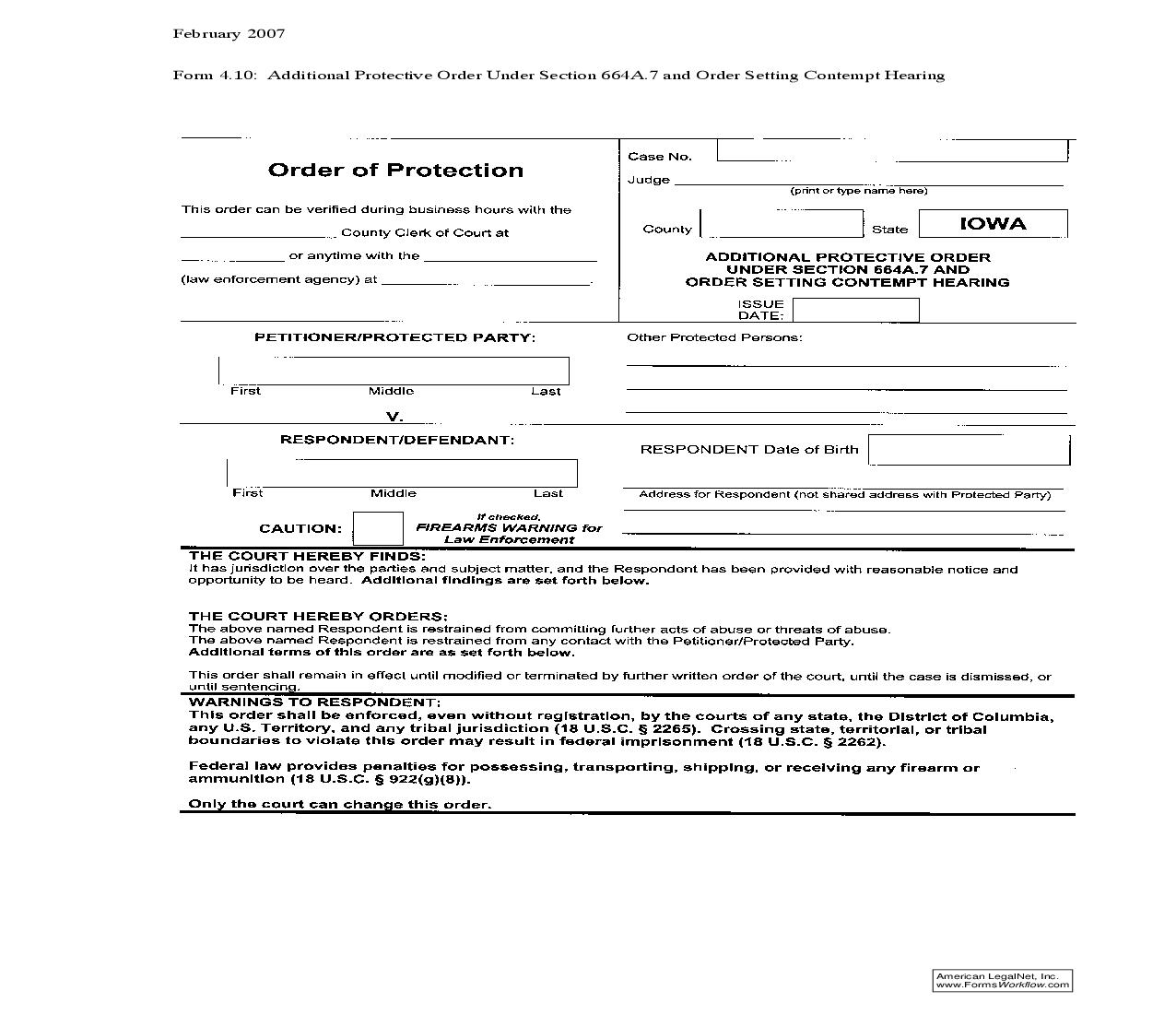 Additional Protective Order Under Section 664A.7 And Order Setting Contempt Hearing {4.10} | Pdf Fpdf Doc Docx | Iowa