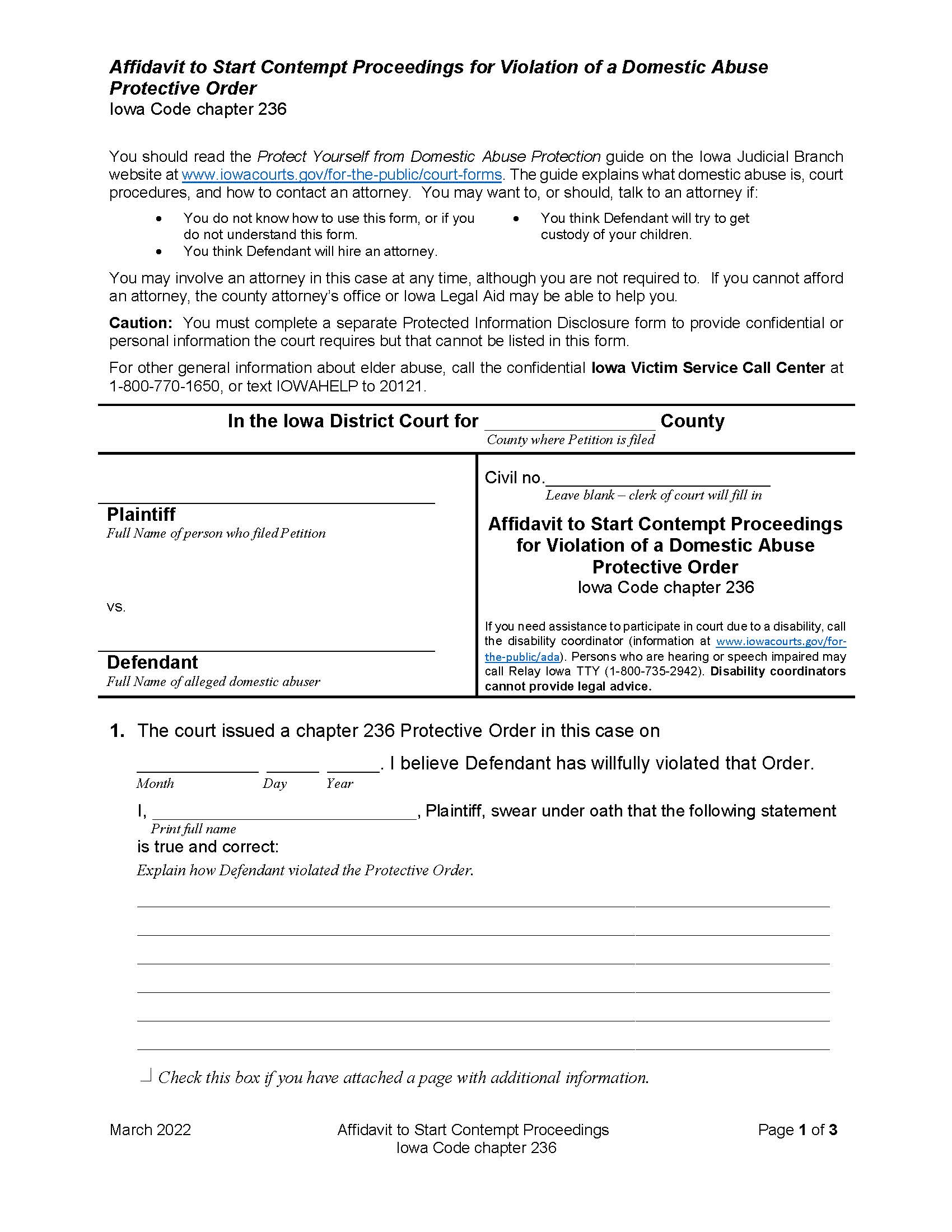 Affidavit To Start Contempt Proceedings Based On Chapter 236 Protective Order | Pdf Fpdf Doc Docx | Iowa