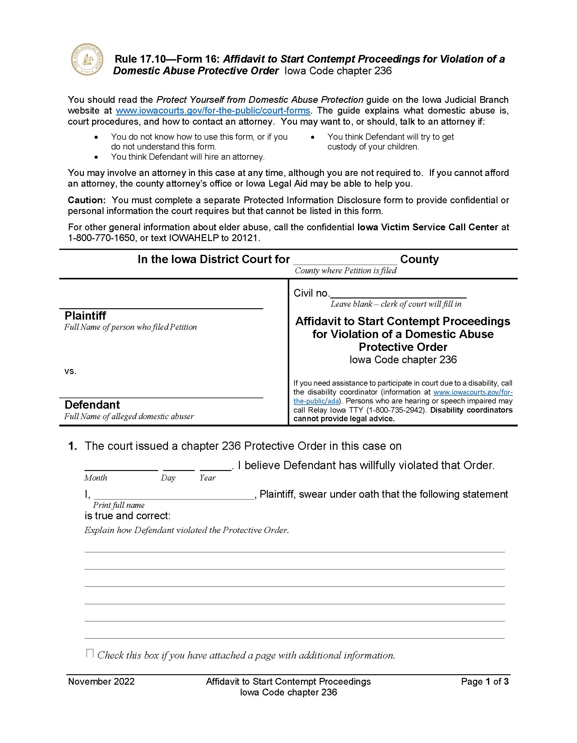 Affidavit To Start Contempt Proceedings Violation Of Domestic Abuse Order | Pdf Fpdf Docx | Iowa