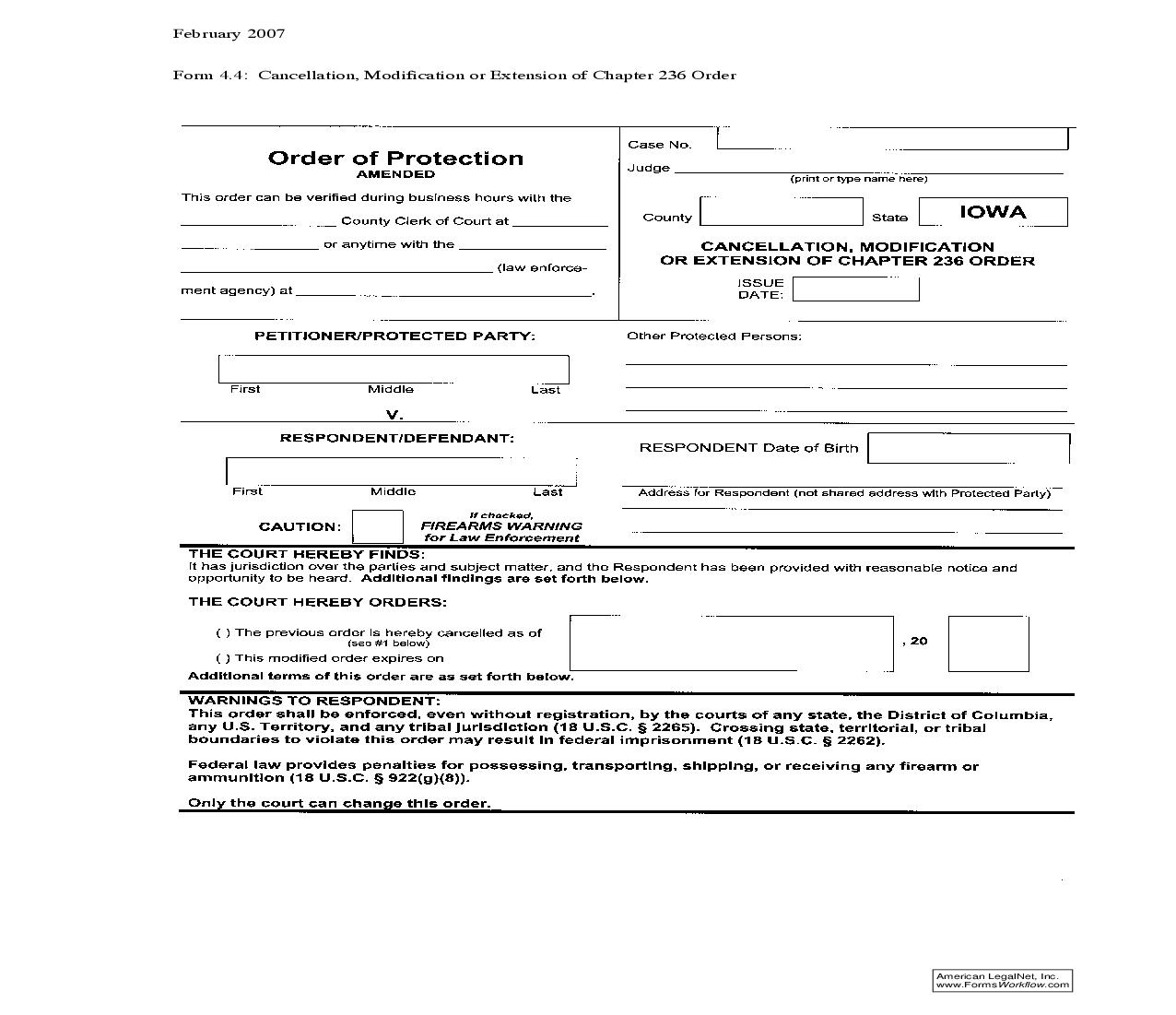 Cancellation Modification Or Extension Of Chapter 236 Order {4.4} | Pdf Fpdf Doc Docx | Iowa
