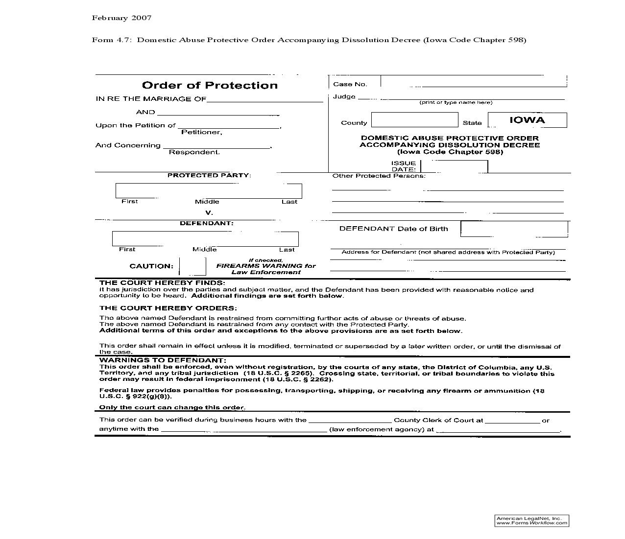 Domestic Abuse Protective Order Accompanying Dissolution Decree {4.7} | Pdf Fpdf Doc Docx | Iowa